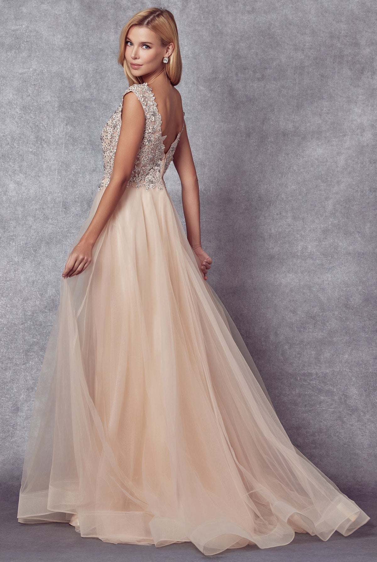Embroidered Lace Bodice Cap Sleeves Tulle Skirt Long Prom Dress JT684-Prom Dress-smcfashion.com