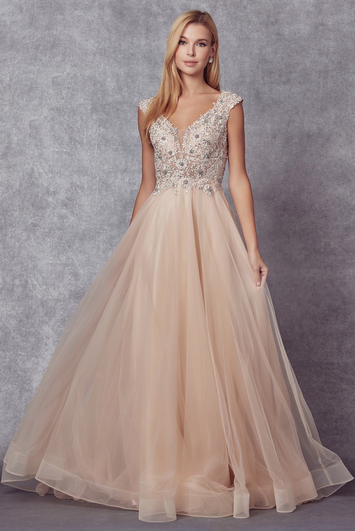 Embroidered Lace Bodice Cap Sleeves Tulle Skirt Long Prom Dress JT684-Prom Dress-smcfashion.com