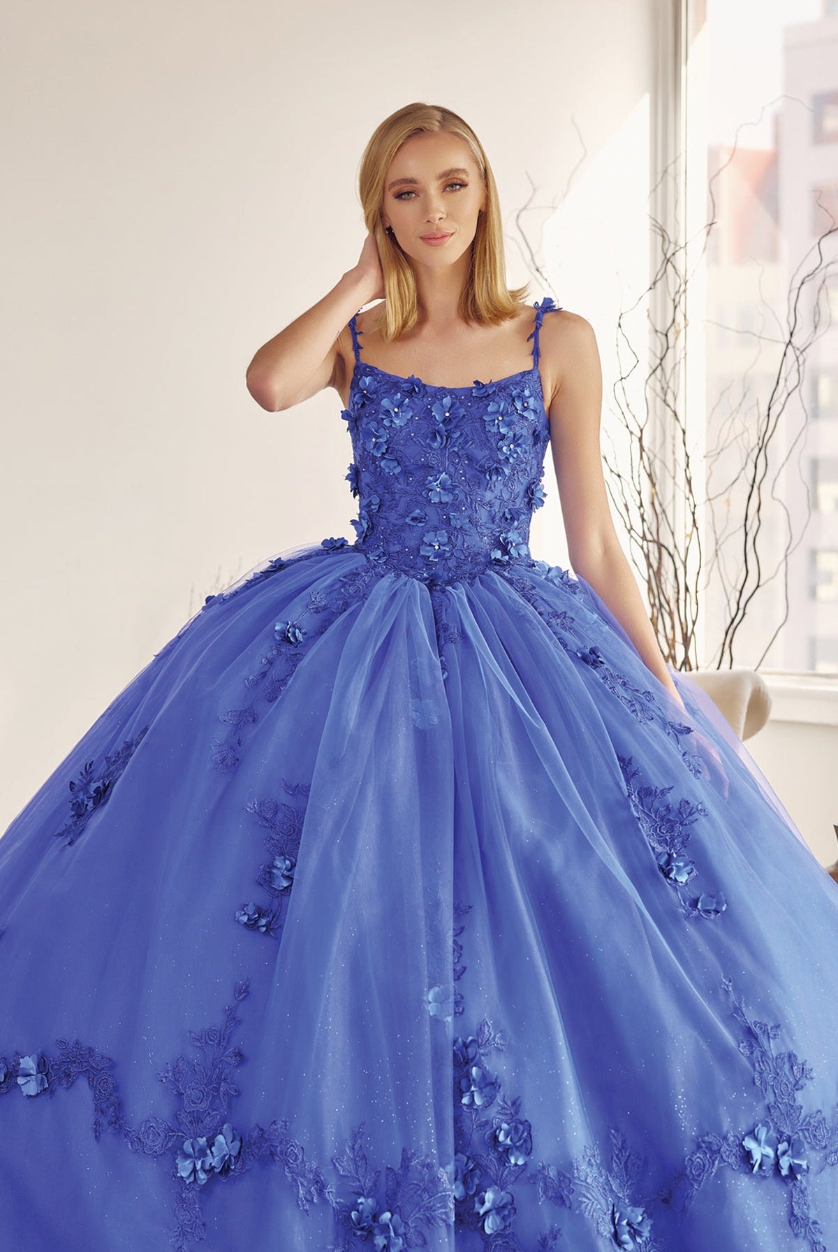 Long Tulle Cape With 3D Flowers Applique Long Quinceanera Dress JT1436-Quinceanera Dress-smcfashion.com