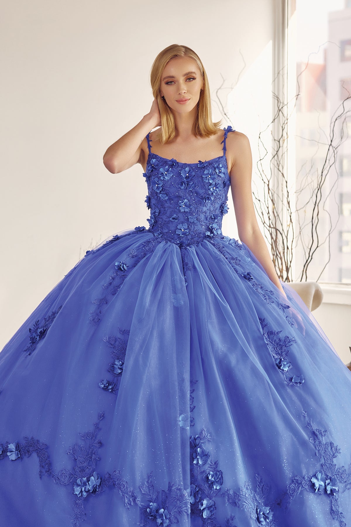 Long Tulle Cape With 3D Flowers Applique Long Quinceanera Dress JT1436-Quinceanera Dress-smcfashion.com