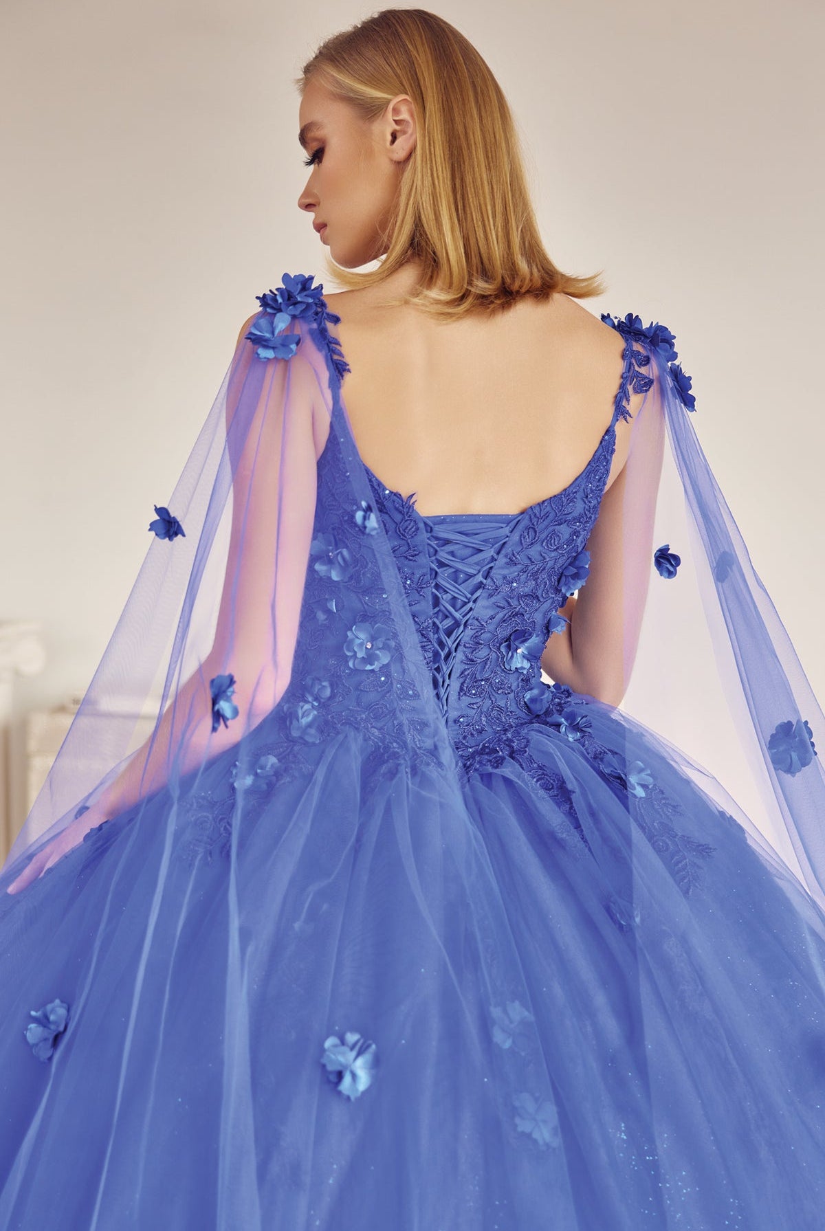 Long Tulle Cape With 3D Flowers Applique Long Quinceanera Dress JT1436-Quinceanera Dress-smcfashion.com