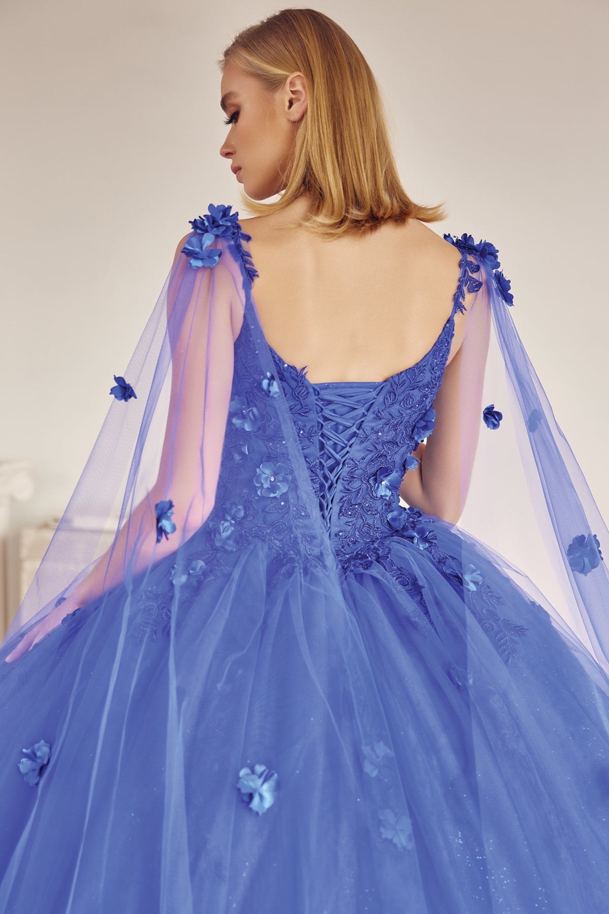Long Tulle Cape With 3D Flowers Applique Long Quinceanera Dress JT1436-Quinceanera Dress-smcfashion.com