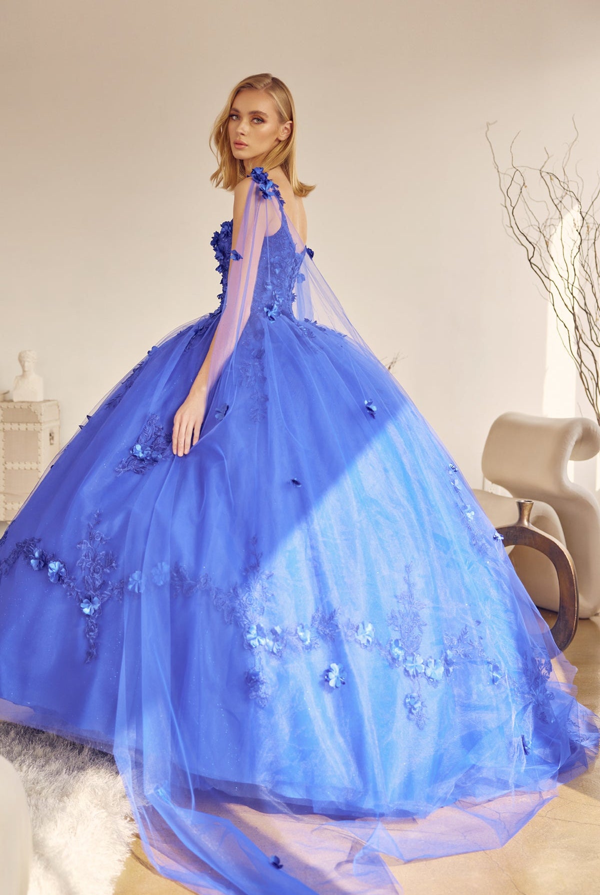 Long Tulle Cape With 3D Flowers Applique Long Quinceanera Dress JT1436-Quinceanera Dress-smcfashion.com