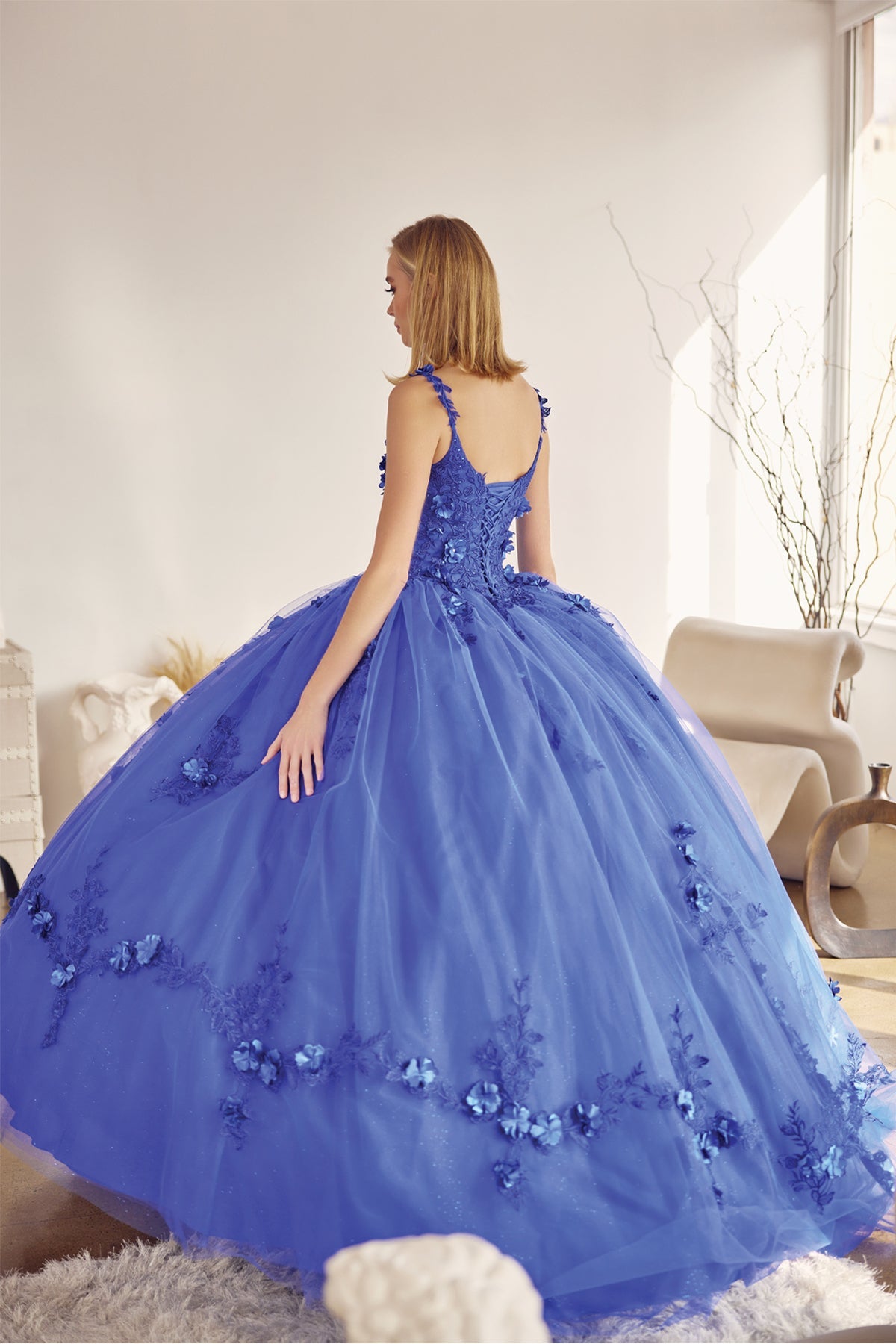 Long Tulle Cape With 3D Flowers Applique Long Quinceanera Dress JT1436-Quinceanera Dress-smcfashion.com