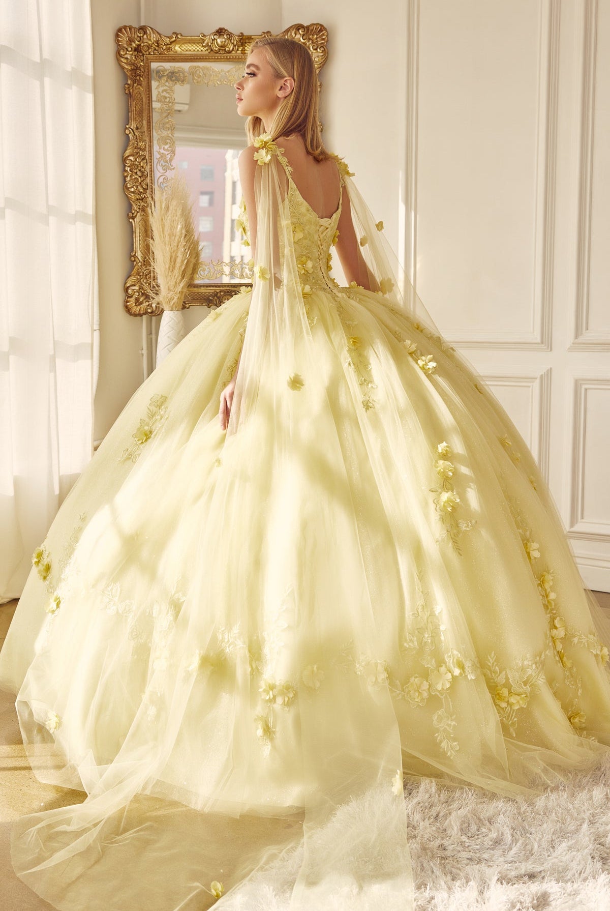 Long Tulle Cape With 3D Flowers Applique Long Quinceanera Dress JT1436-Quinceanera Dress-smcfashion.com