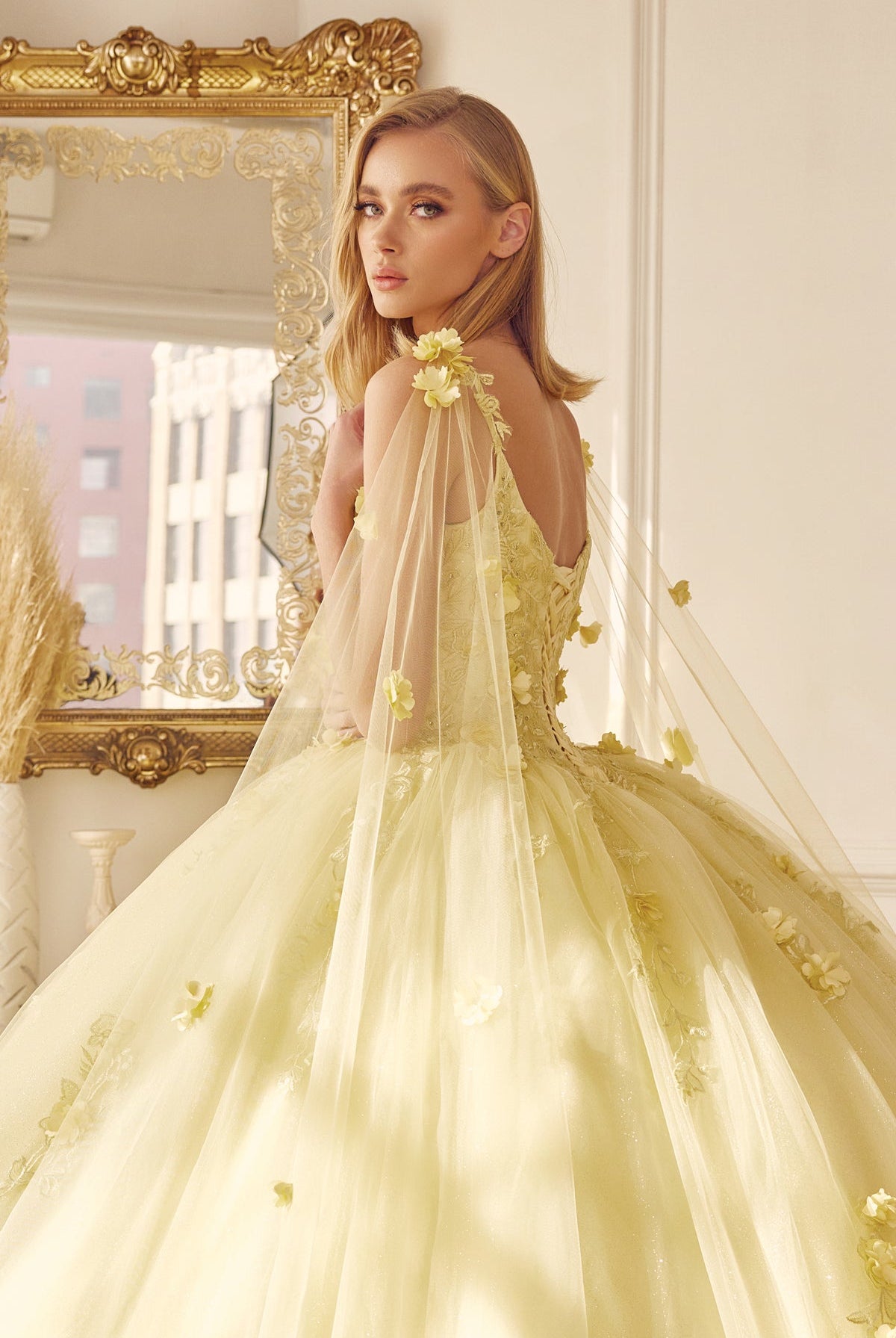 Long Tulle Cape With 3D Flowers Applique Long Quinceanera Dress JT1436-Quinceanera Dress-smcfashion.com