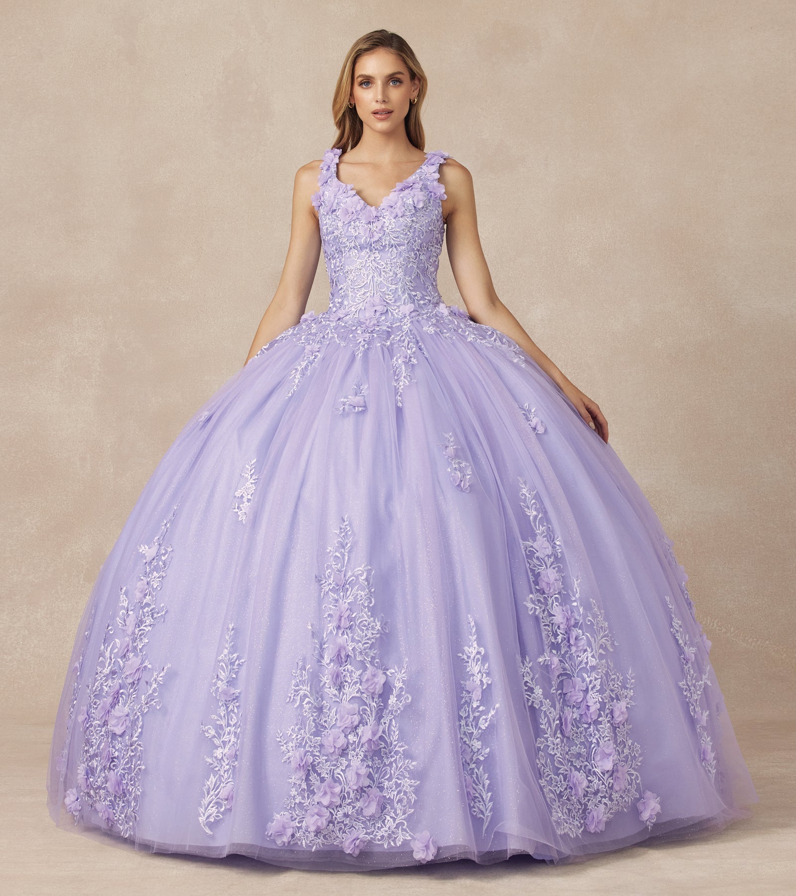 Floral Applique 3D Flowers Straps Long Quinceanera Dress JT1437-Quinceanera Dress-smcfashion.com