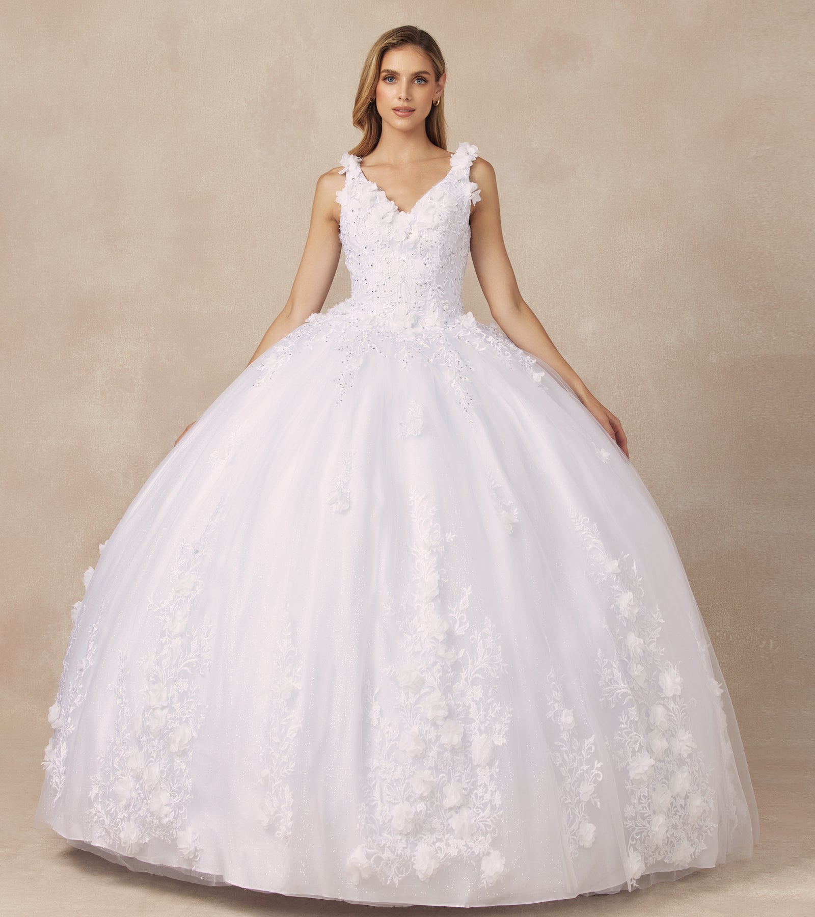 Floral Applique 3D Flowers Straps Long Quinceanera Dress JT1437-Quinceanera Dress-smcfashion.com