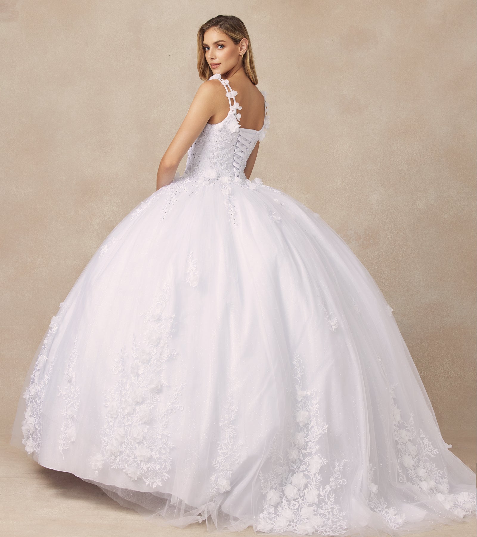 Floral Applique 3D Flowers Straps Long Quinceanera Dress JT1437-Quinceanera Dress-smcfashion.com