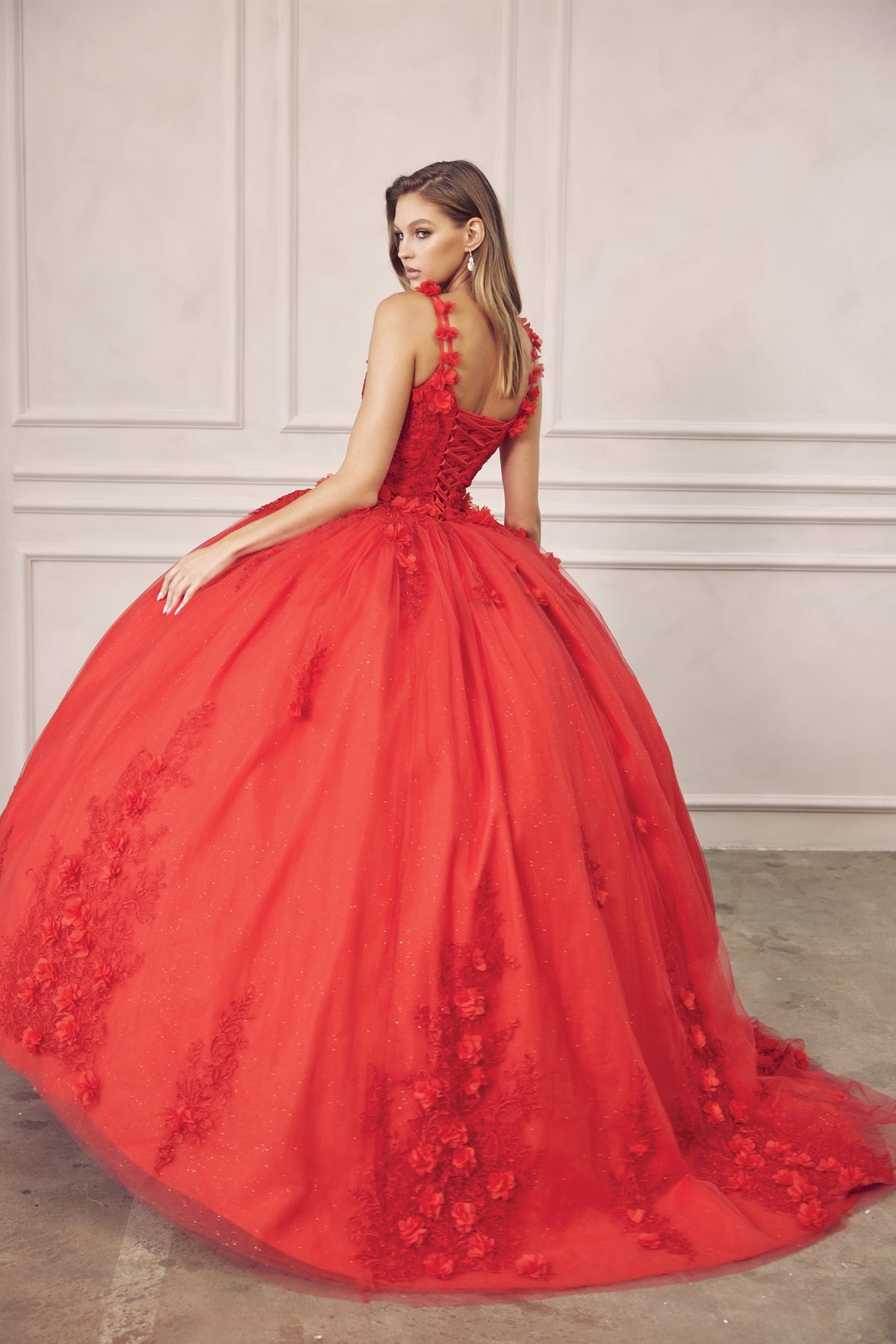 Floral Applique 3D Flowers Straps Long Quinceanera Dress JT1437-Quinceanera Dress-smcfashion.com