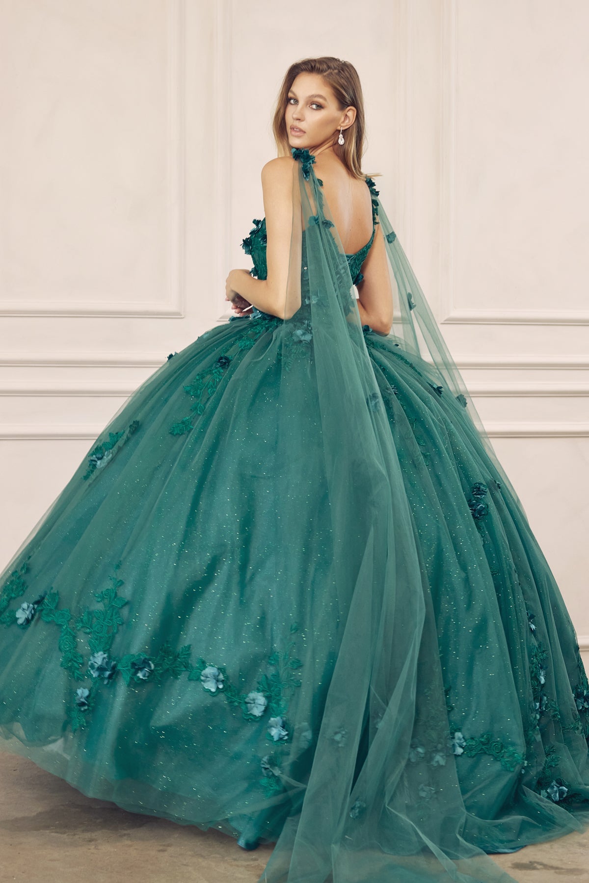 Long Tulle Cape With 3D Flowers Applique Long Quinceanera Dress JT1436-Quinceanera Dress-smcfashion.com