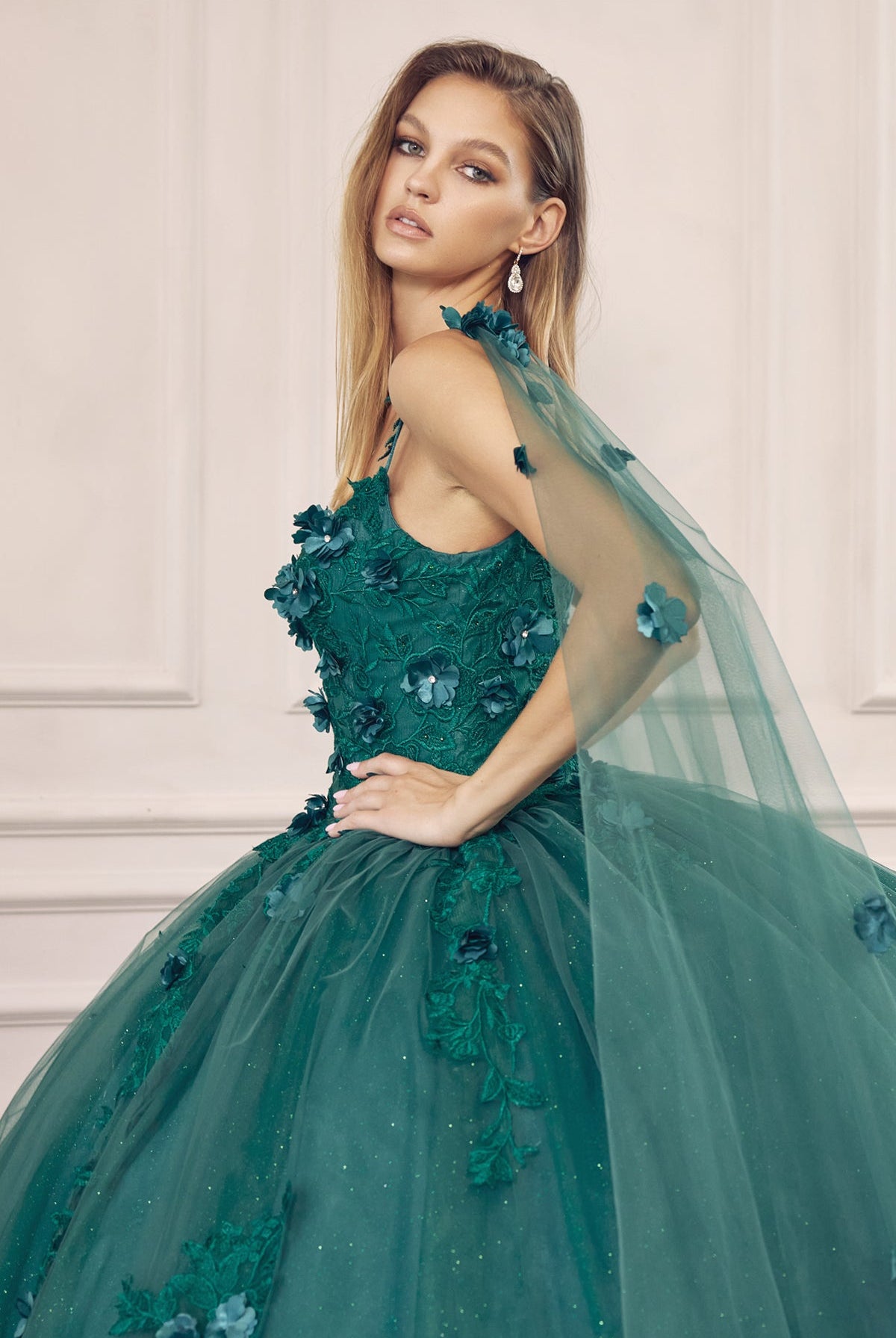 Long Tulle Cape With 3D Flowers Applique Long Quinceanera Dress JT1436-Quinceanera Dress-smcfashion.com