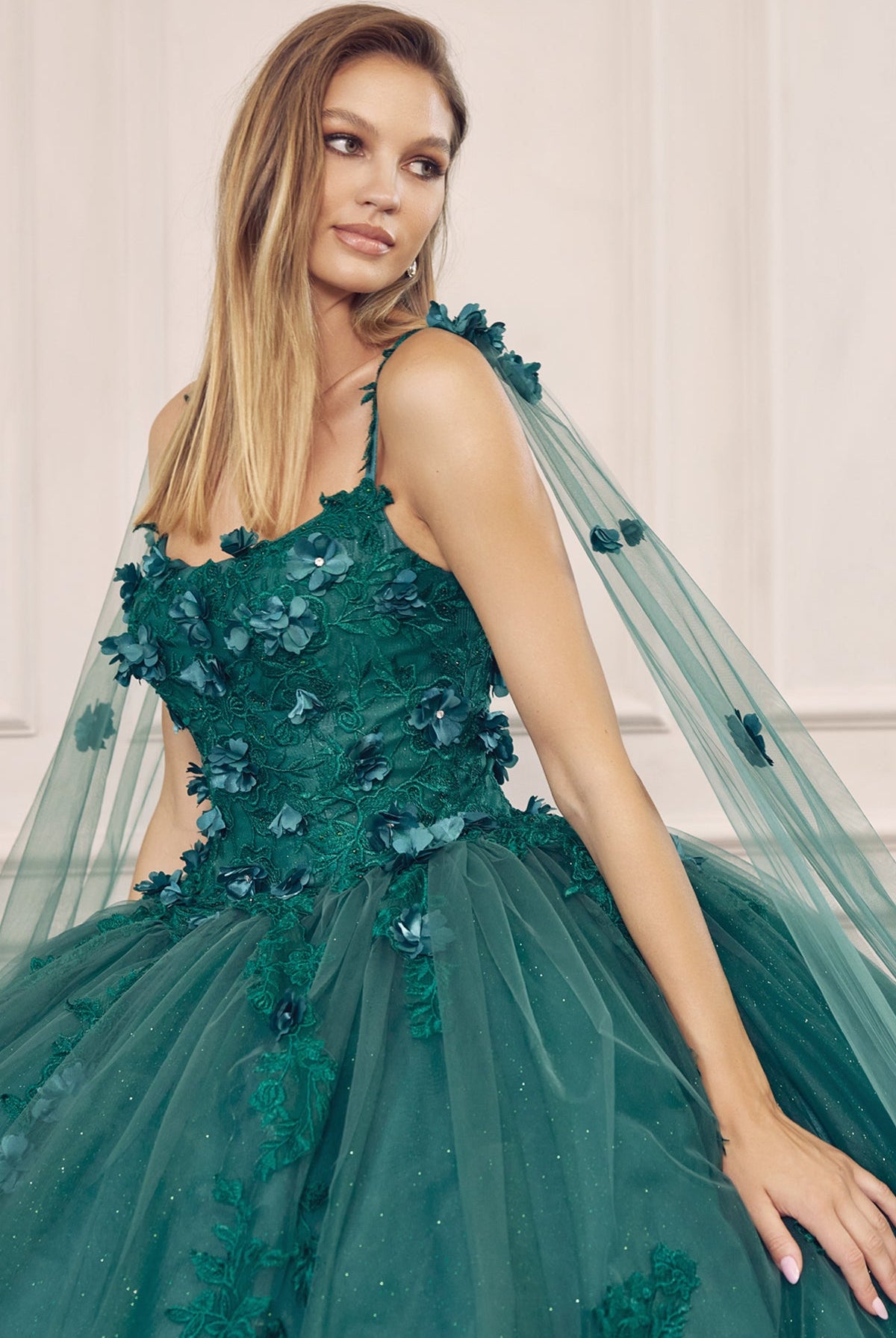 Long Tulle Cape With 3D Flowers Applique Long Quinceanera Dress JT1436-Quinceanera Dress-smcfashion.com