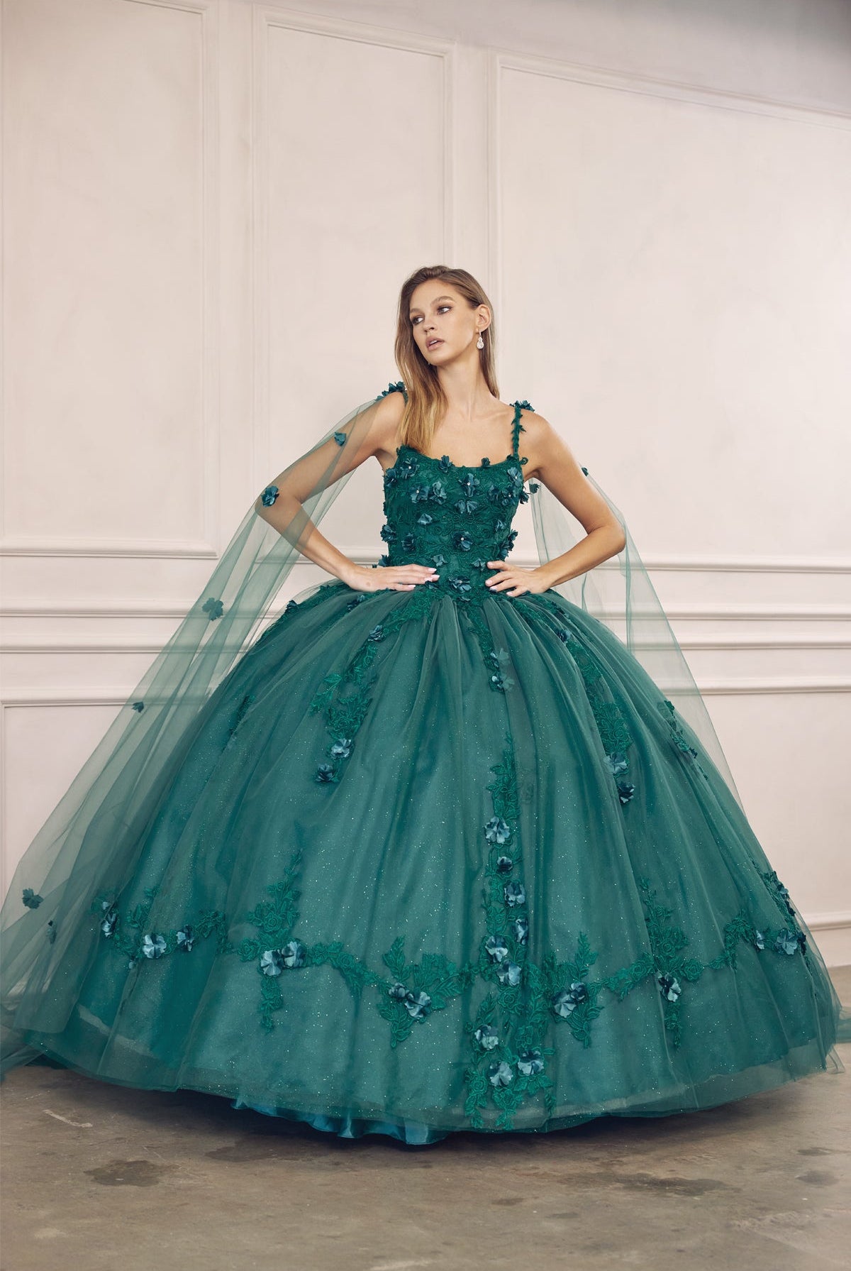 Long Tulle Cape With 3D Flowers Applique Long Quinceanera Dress JT1436-Quinceanera Dress-smcfashion.com