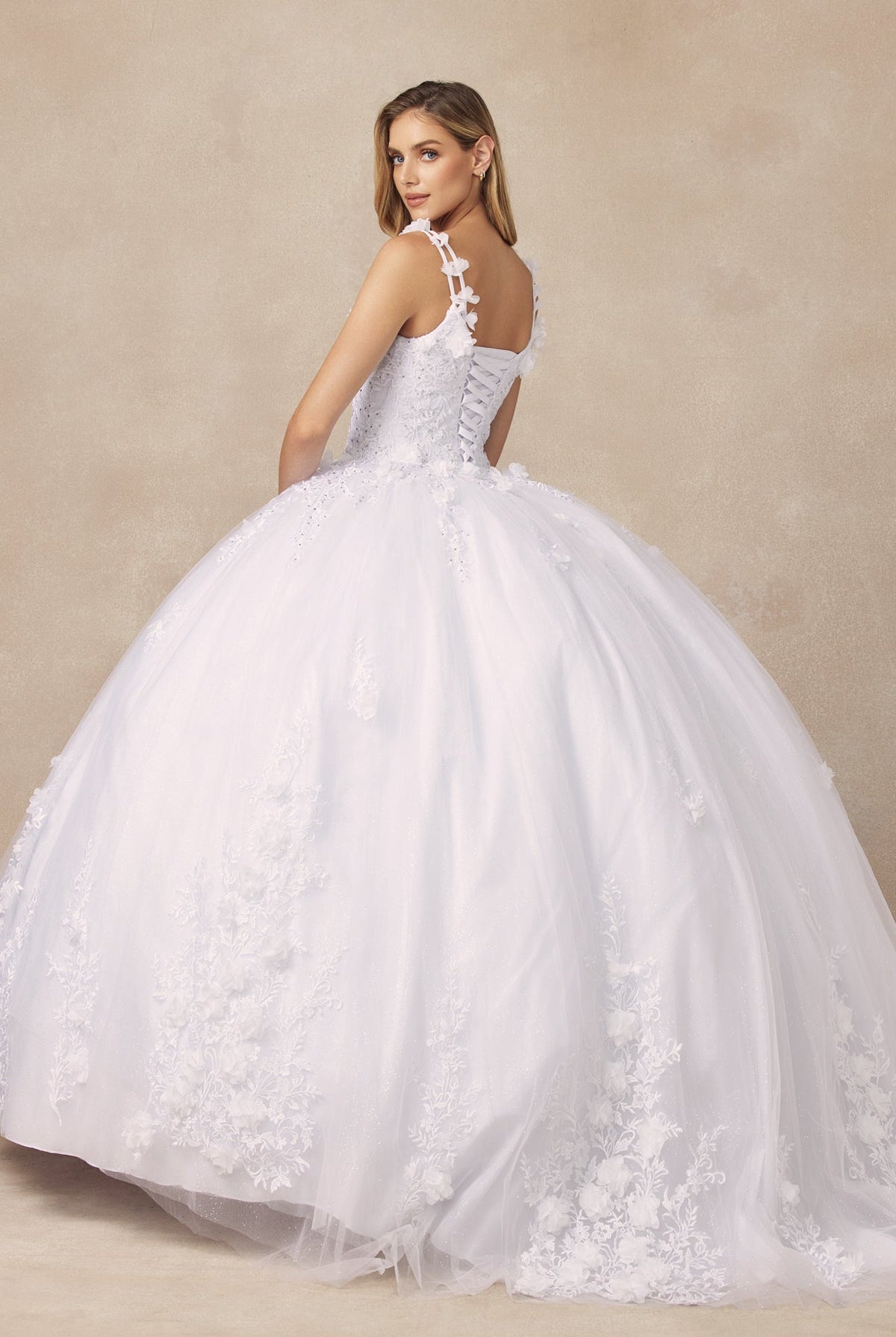 Floral Applique 3D Flowers Open Corset Back Long Wedding Dress JT1437W-Wedding Dress-smcfashion.com