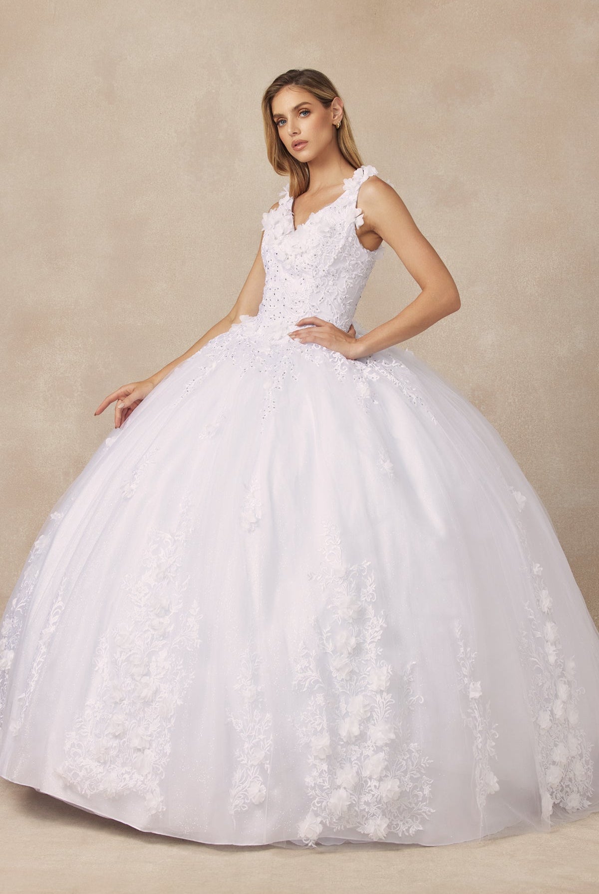 Floral Applique 3D Flowers Open Corset Back Long Wedding Dress JT1437W-Wedding Dress-smcfashion.com