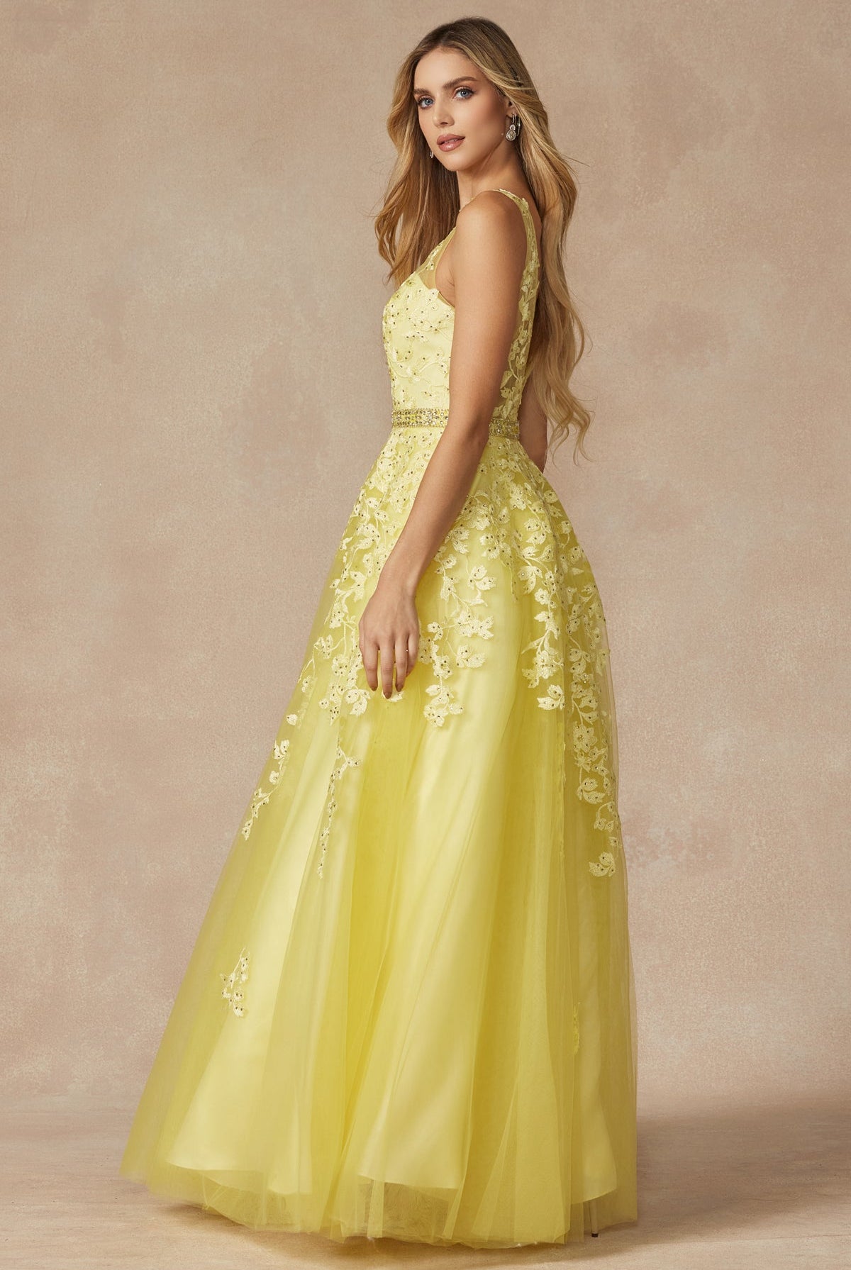 Embroidered Lace Embellished Jewel Waist Long Prom Dress JT224-Prom Dress-smcfashion.com