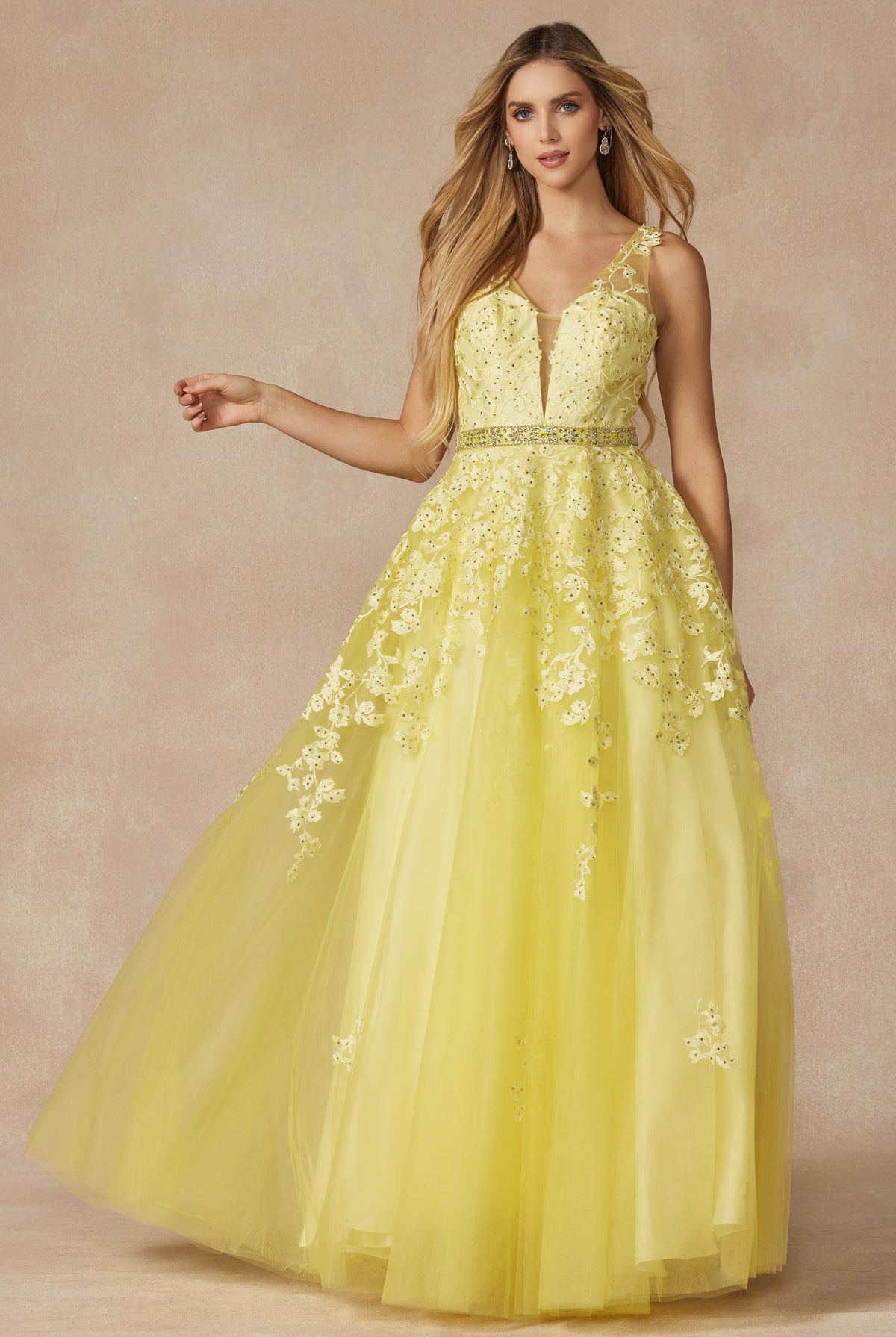 Embroidered Lace Embellished Jewel Waist Long Prom Dress JT224-Prom Dress-smcfashion.com