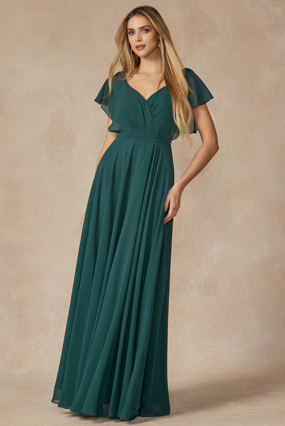 Flutter Sleeve Cascade Back Chiffon Long Bridesmaid Dress JT261-Bridesmaid Dress-smcfashion.com
