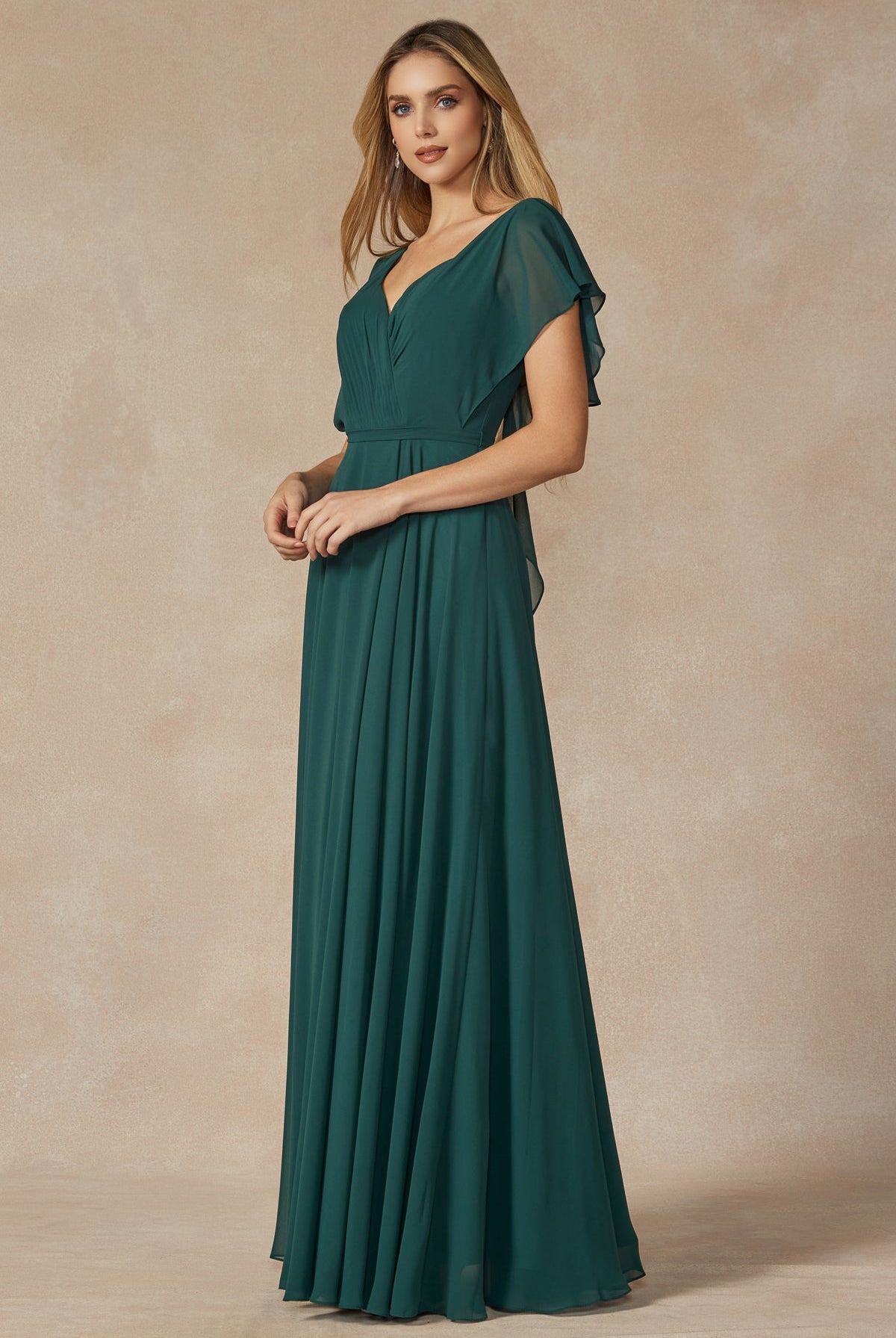 Flutter Sleeve Cascade Back Chiffon Long Bridesmaid Dress JT261-Bridesmaid Dress-smcfashion.com