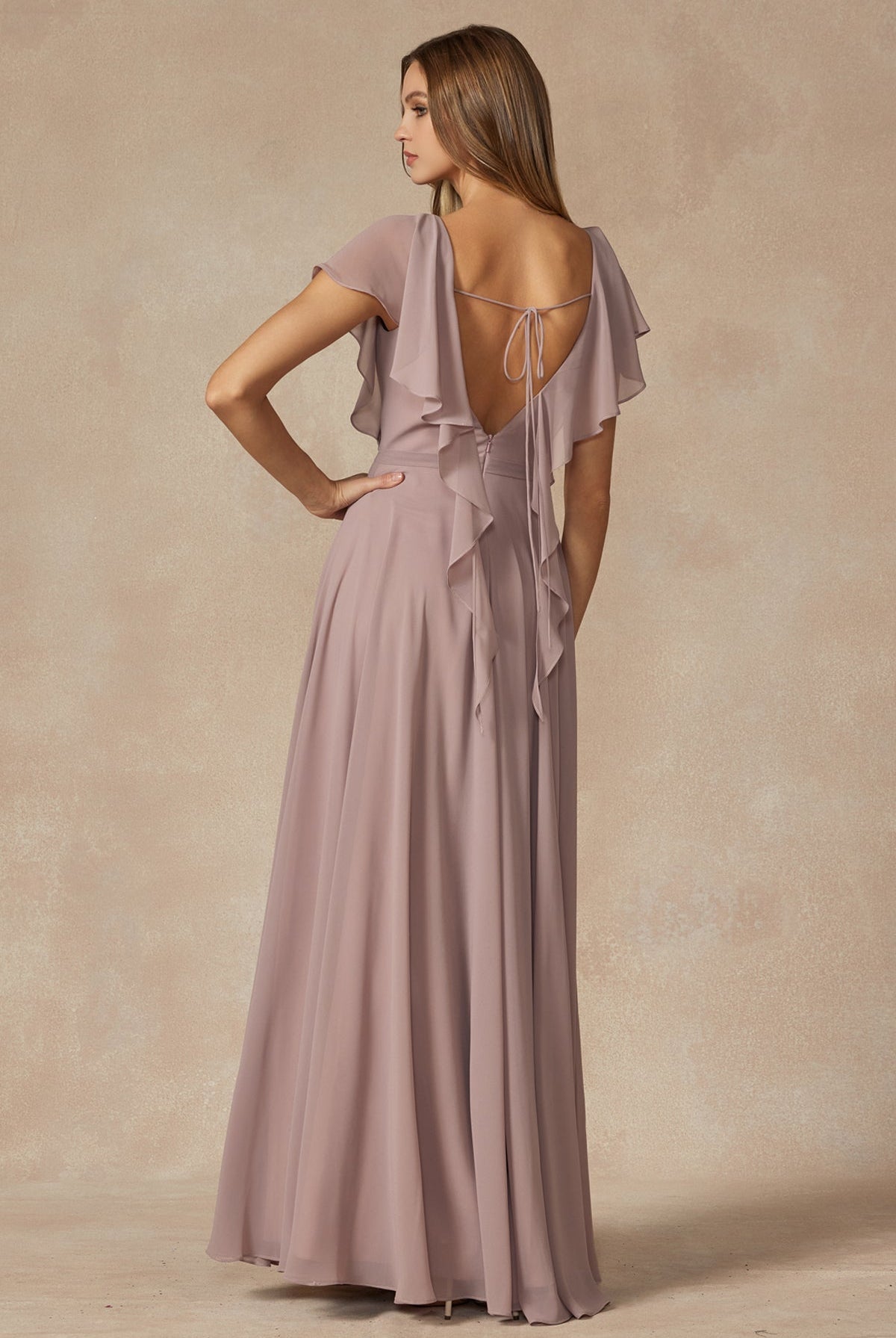 Flutter Sleeve Cascade Back Chiffon Long Bridesmaid Dress JT261-Bridesmaid Dress-smcfashion.com