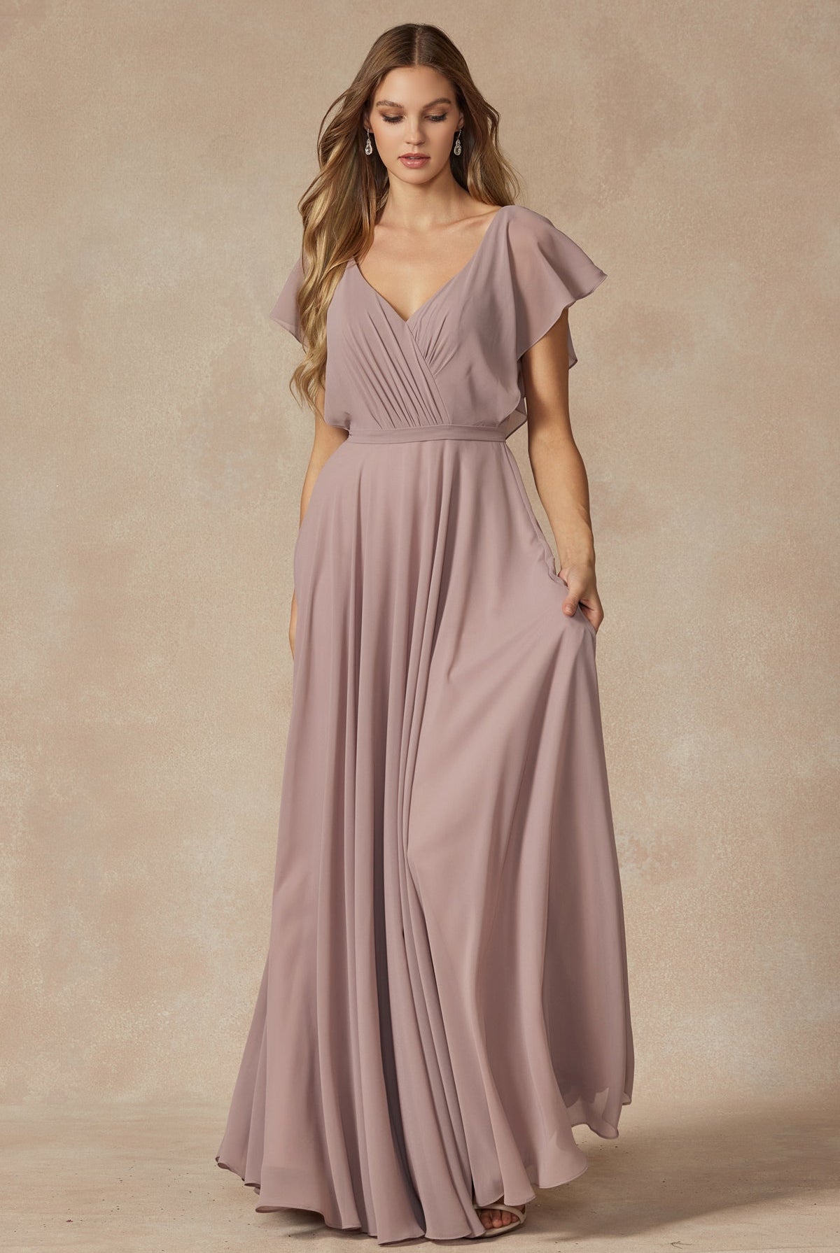 Flutter Sleeve Cascade Back Chiffon Long Bridesmaid Dress JT261-Bridesmaid Dress-smcfashion.com