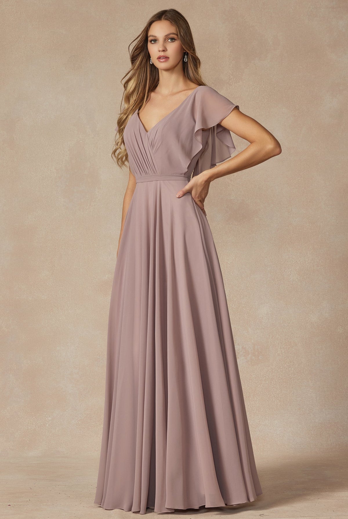 Flutter Sleeve Cascade Back Chiffon Long Bridesmaid Dress JT261-Bridesmaid Dress-smcfashion.com