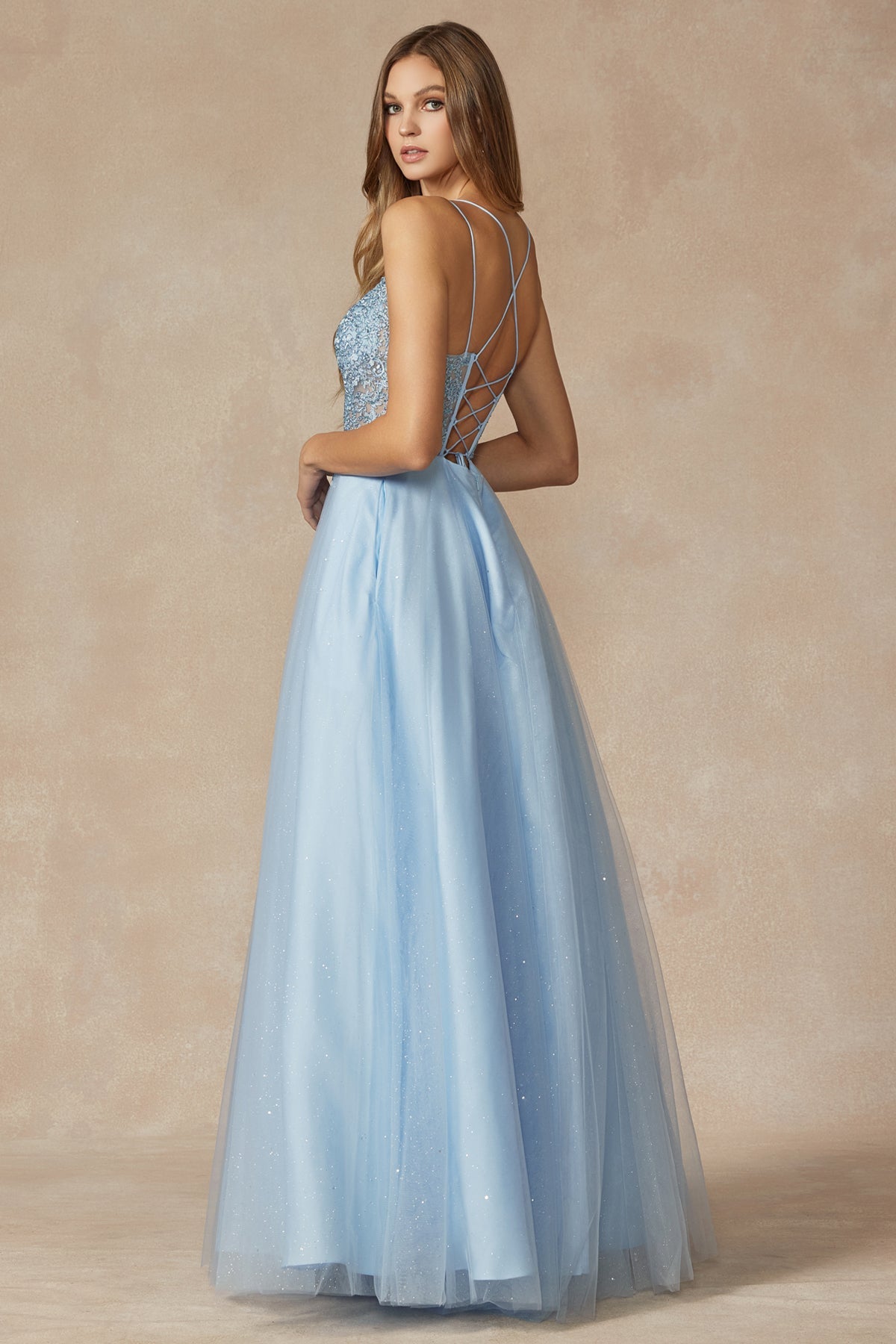Tulle Skirt Embroidered Bodice Open Criss Cross Back Long Prom Dress JT268-Prom Dress-smcfashion.com