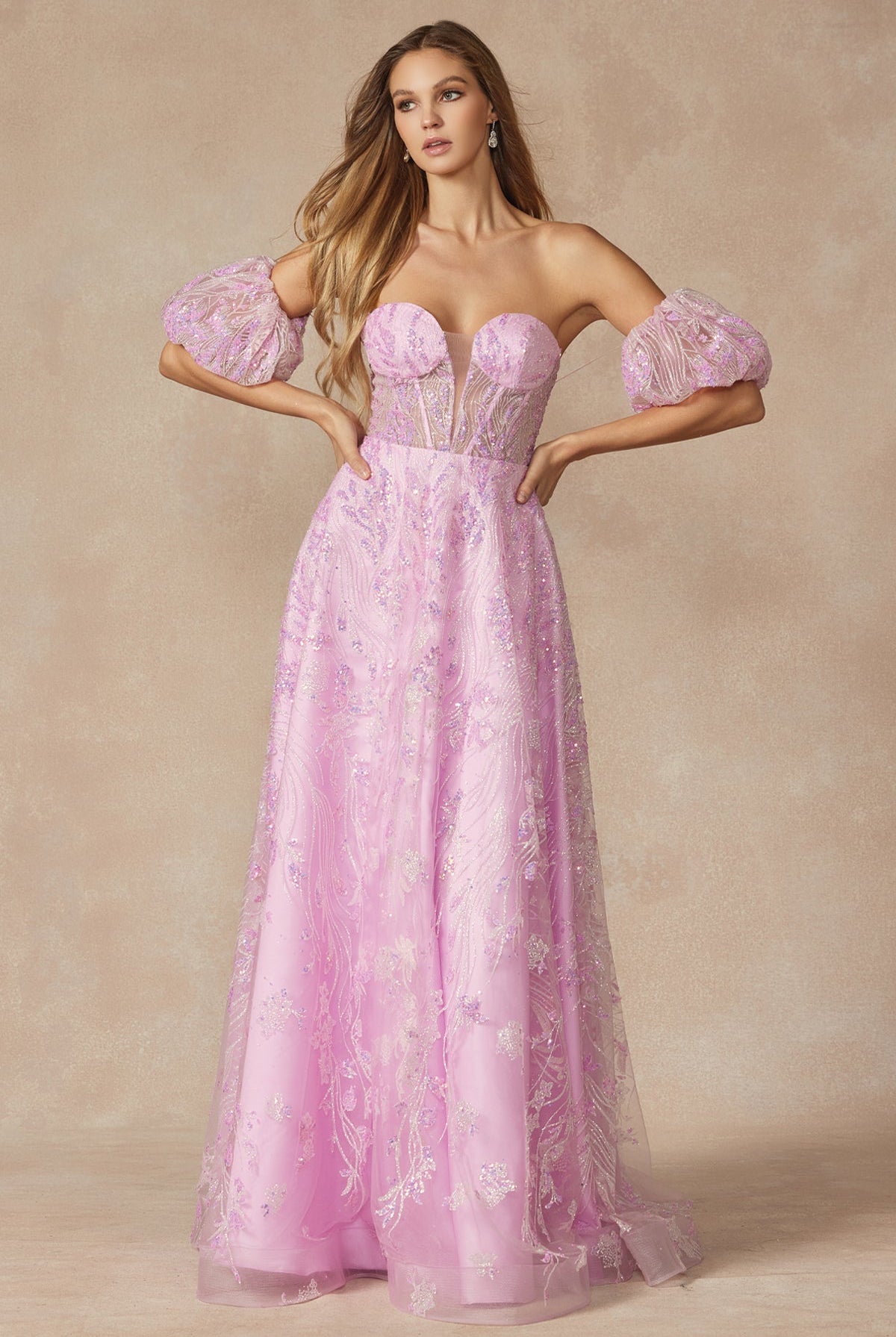 Strapless Sequin Tulle Removable Balloon Sleeves Long Prom Dress JT2404-Prom Dress-smcfashion.com