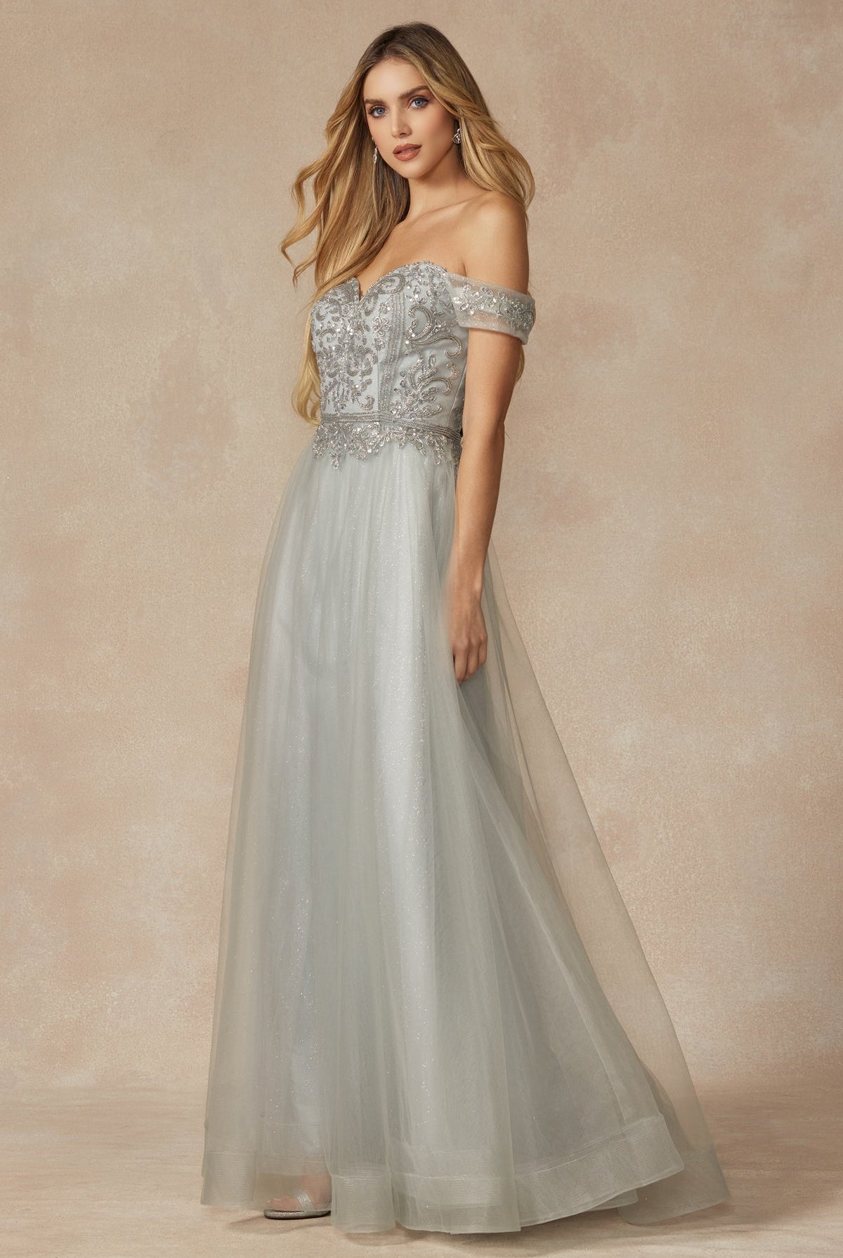 Off The Shoulder Beads Top Tulle Skirt Long Prom Dress JT287-Prom Dress-smcfashion.com