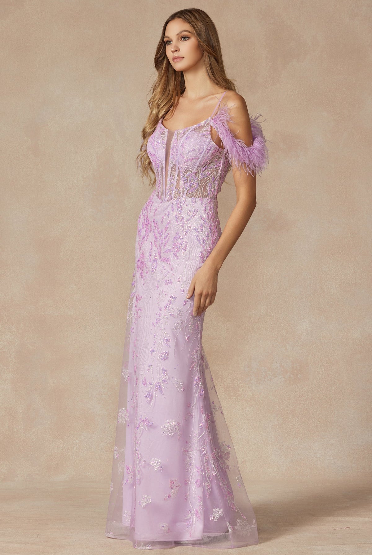 Fully Glitter Corset Bodice Feathers Off The Shoulder Long Prom Dress JT288-Prom Dress-smcfashion.com