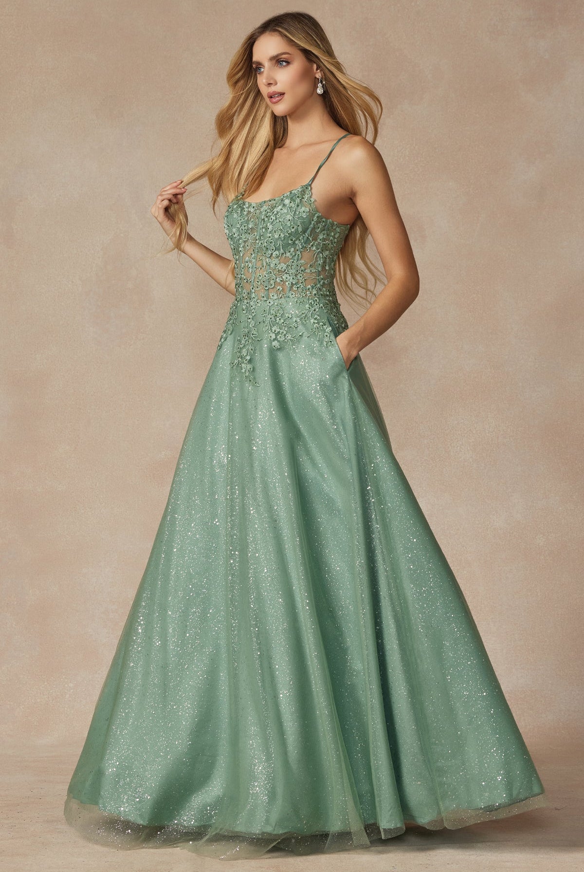 Leaf Lace Corset Bodice Spaghetti Straps Long Prom Dress JT295-All Dresses, Prom-smcfashion.com