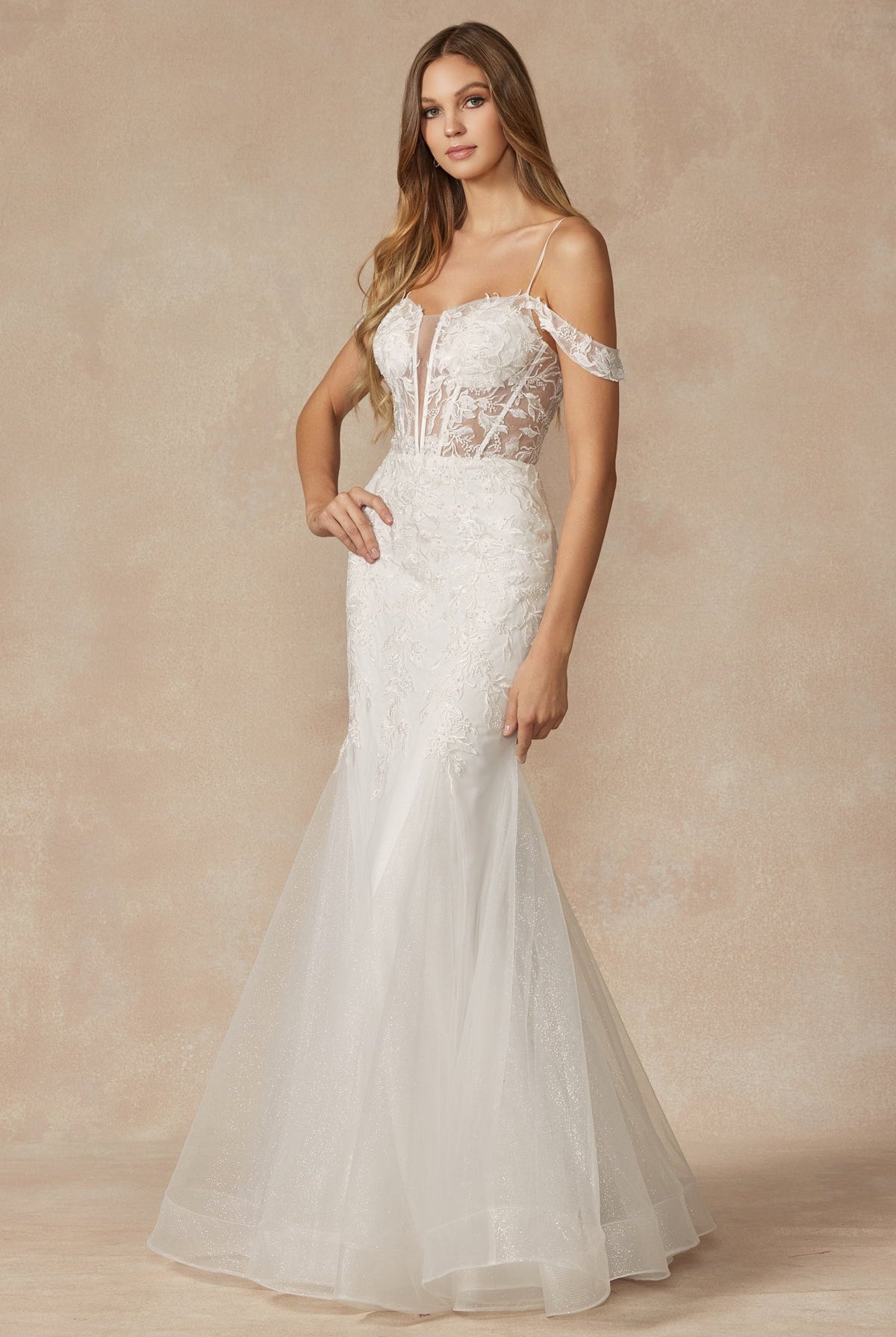 Leaf Lace Embroidered Fitted Plunging Deep V-Neck Long Wedding Dress JT290W-Wedding Dress-smcfashion.com