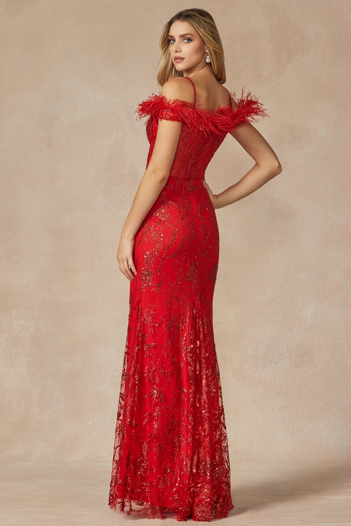 Glitter Leaf Sequin Feathered Sleeves Slit Long Prom Dress JT2402-Prom Dress-smcfashion.com