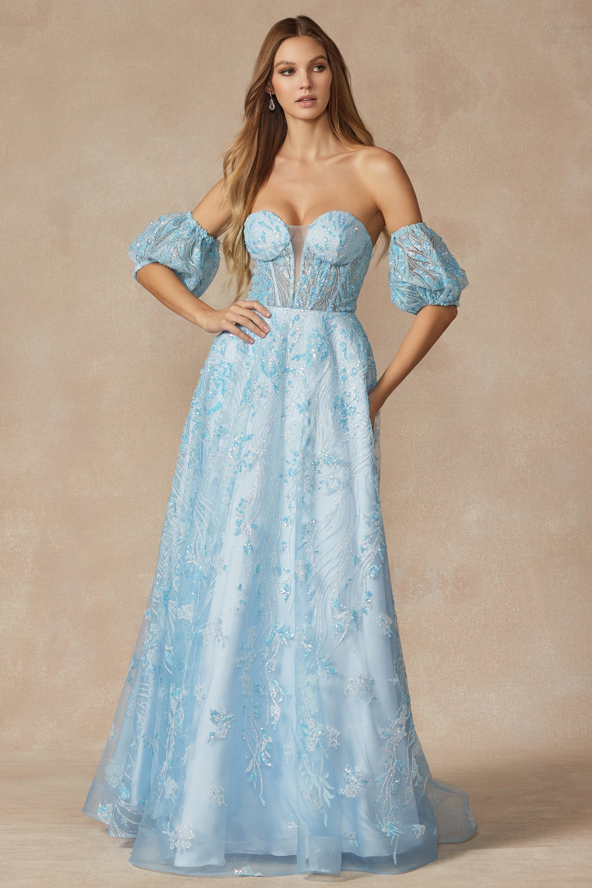Strapless Sequin Tulle Removable Balloon Sleeves Long Prom Dress JT2404-Prom Dress-smcfashion.com