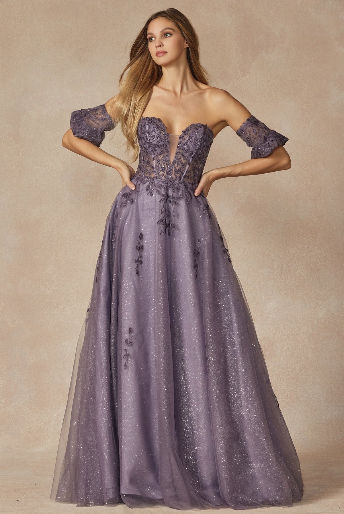 Leaf Embroidered Detachable Sleeves Long Prom Dress JT2409-Prom Dress-smcfashion.com