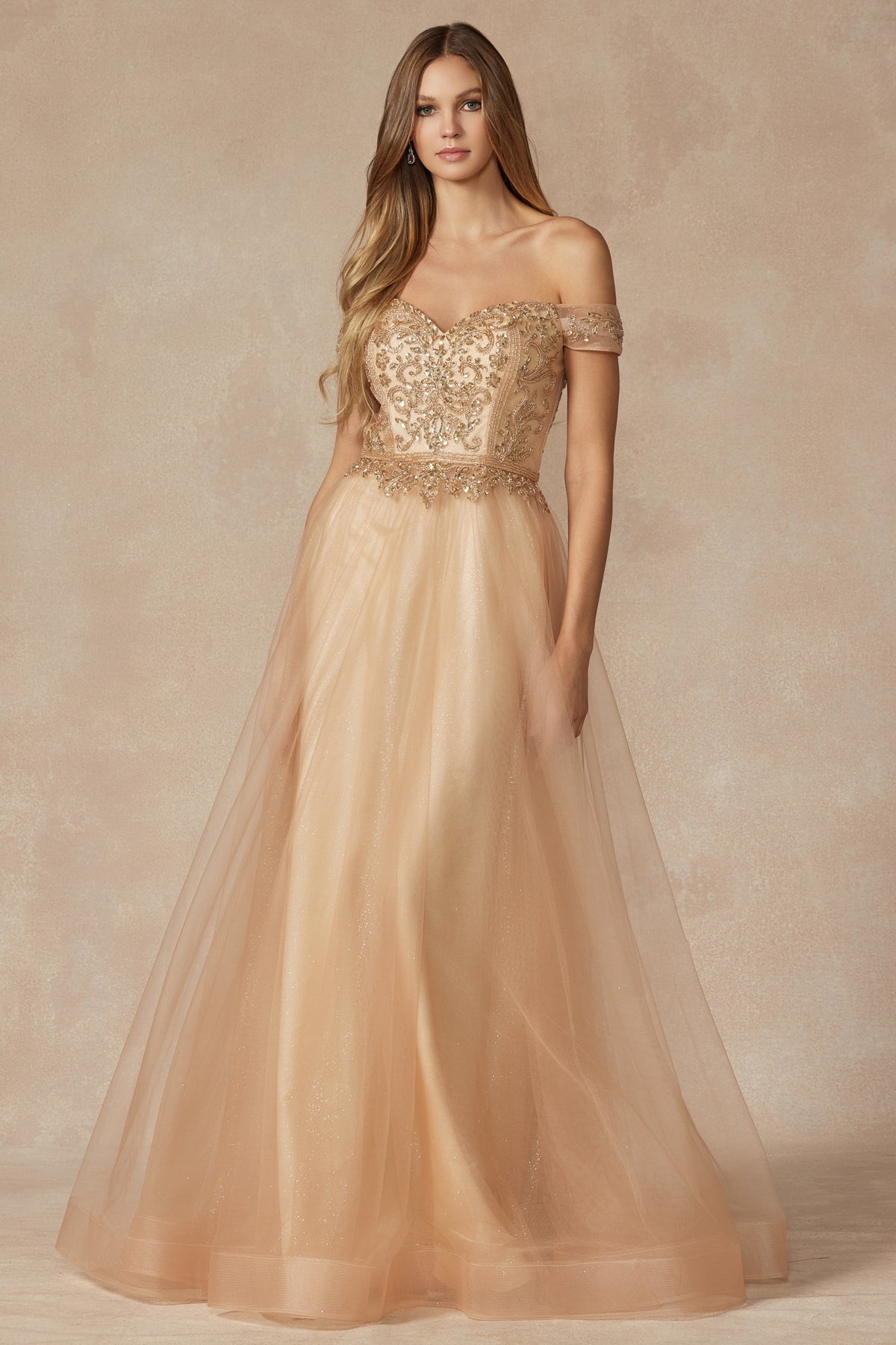 Off The Shoulder Beads Top Tulle Skirt Long Prom Dress JT287-Prom Dress-smcfashion.com
