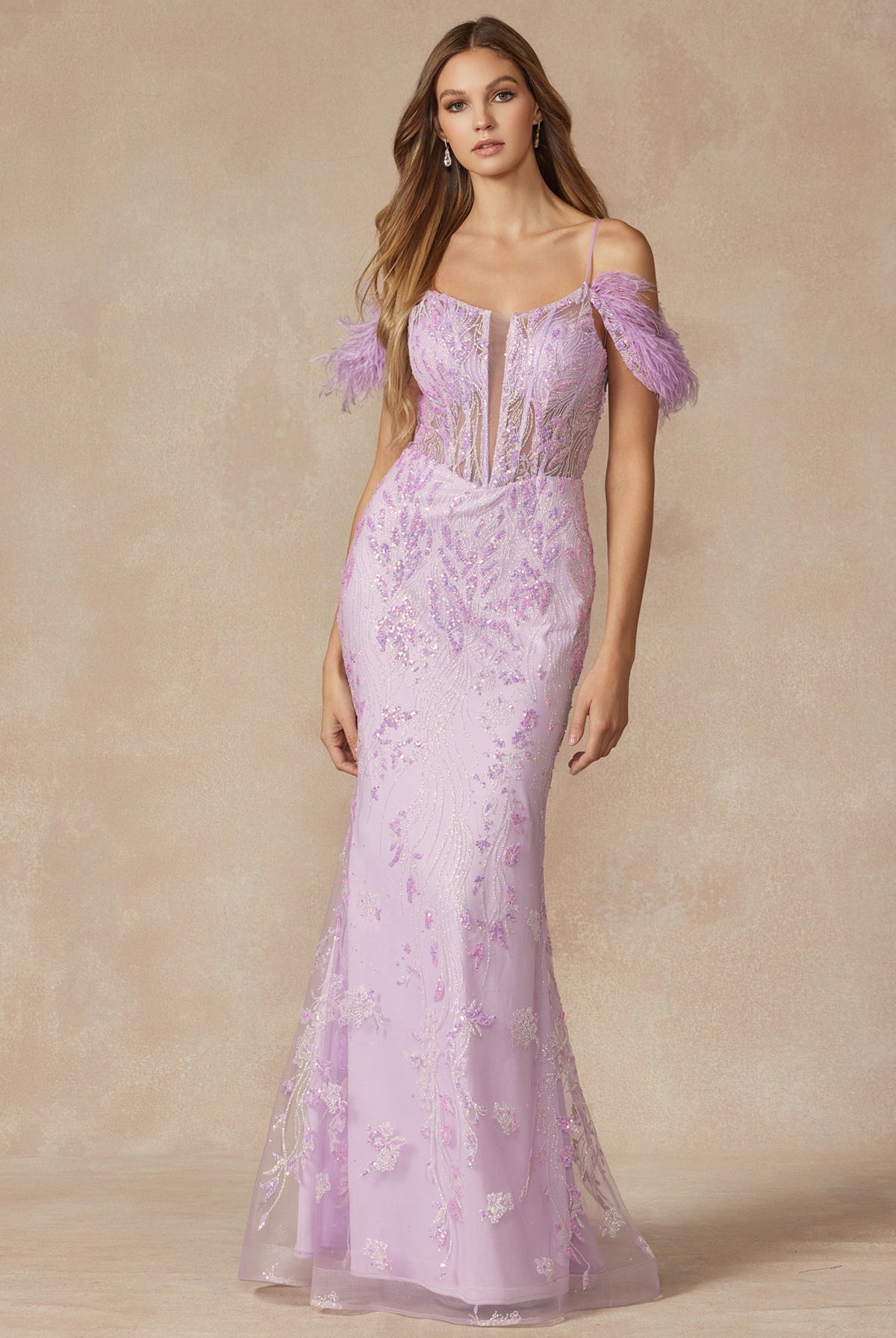 Fully Glitter Corset Bodice Feathers Off The Shoulder Long Prom Dress JT288-Prom Dress-smcfashion.com