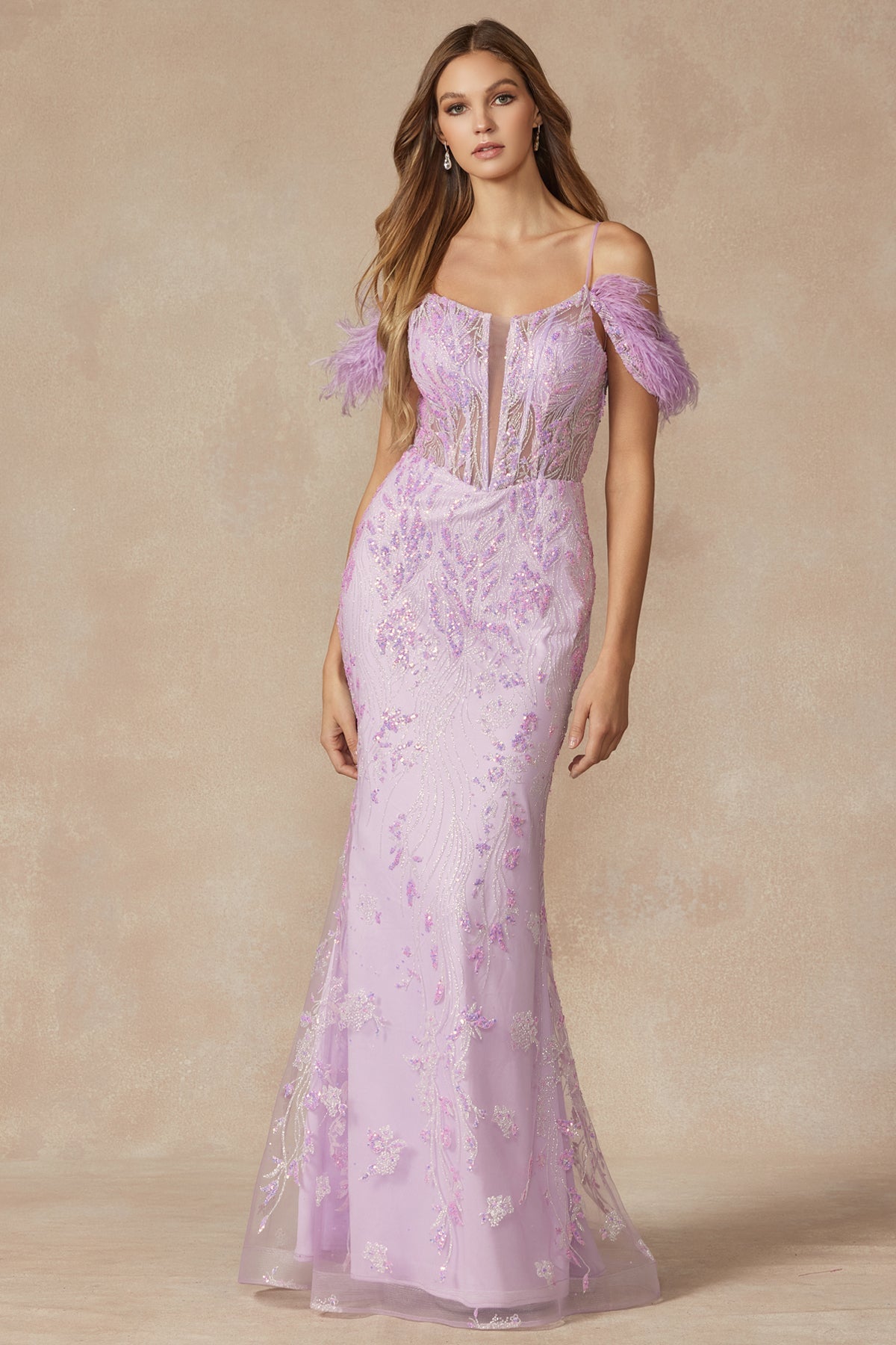 Fully Glitter Corset Bodice Feathers Off The Shoulder Long Prom Dress JT288-Prom Dress-smcfashion.com