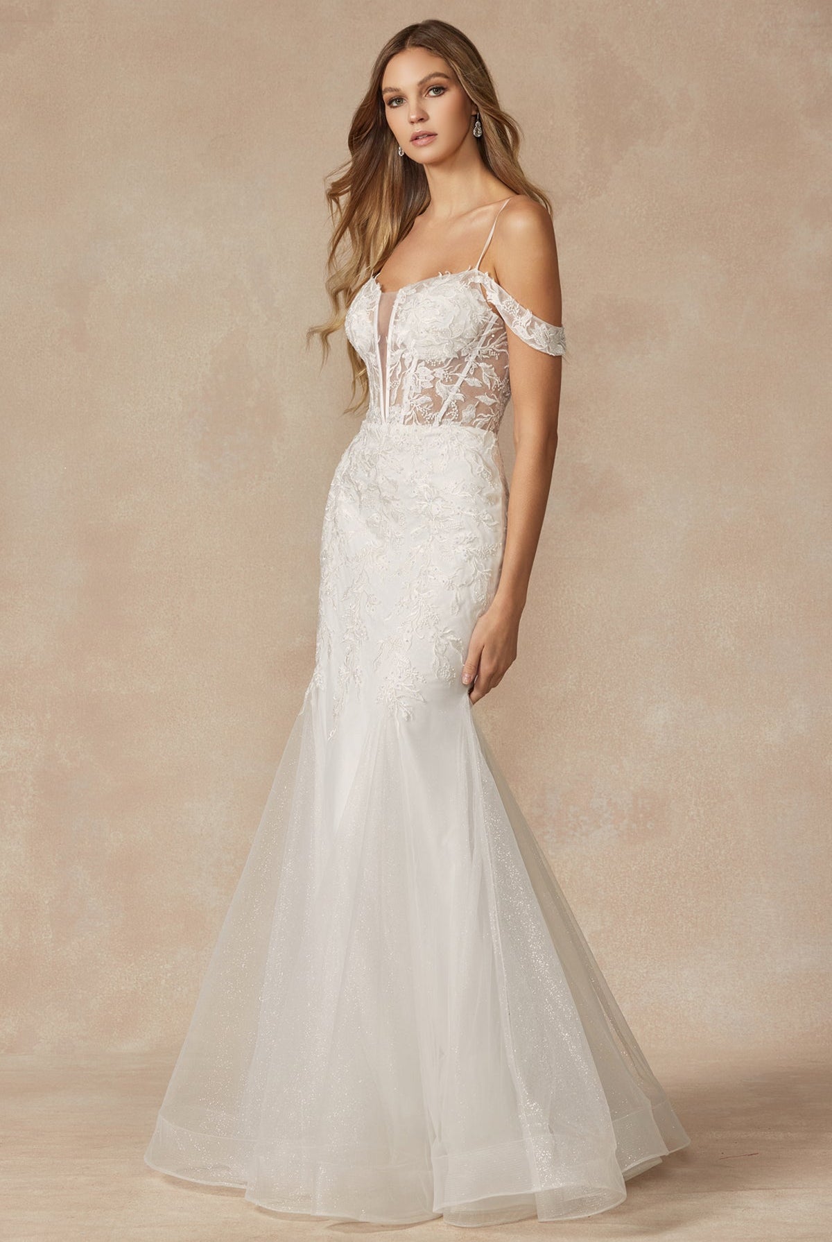 Leaf Lace Embroidered Fitted Plunging Deep V-Neck Long Wedding Dress JT290W-Wedding Dress-smcfashion.com
