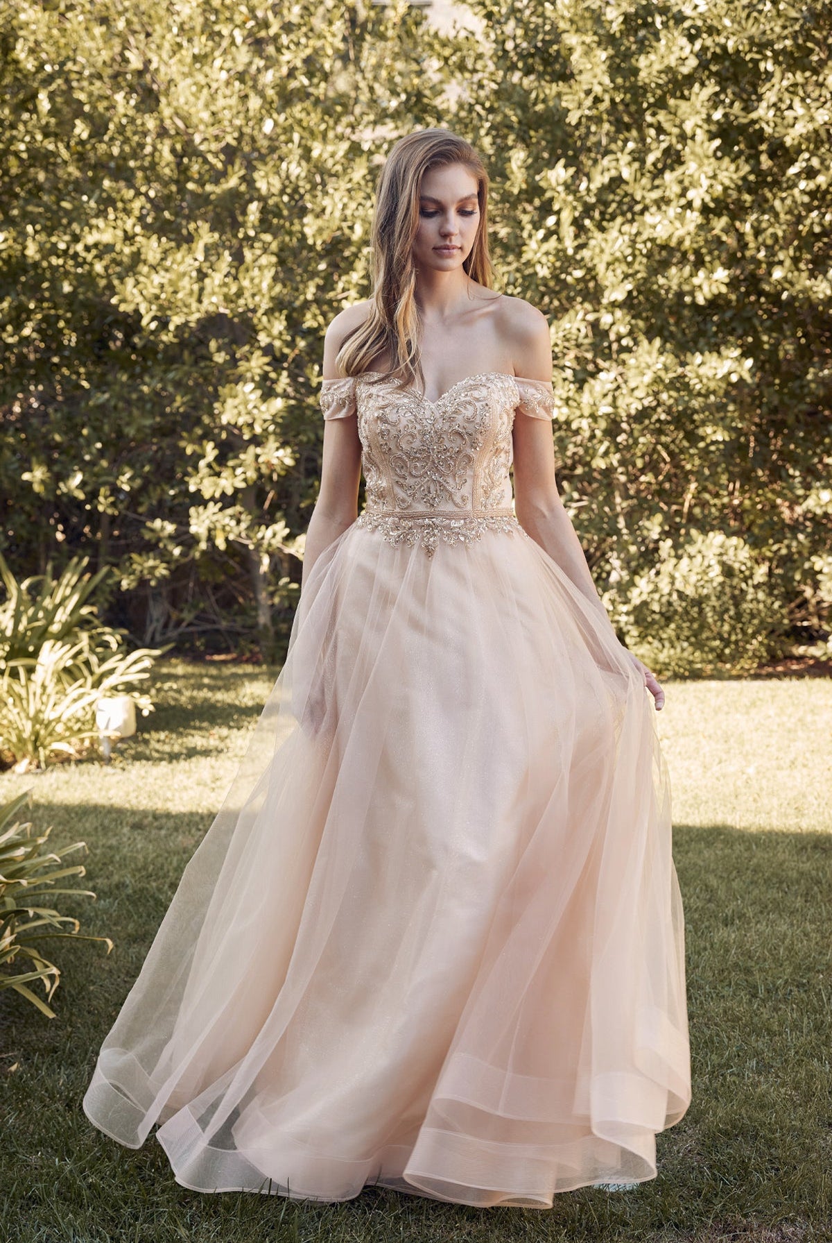Off The Shoulder Beads Top Tulle Skirt Long Prom Dress JT287-Prom Dress-smcfashion.com