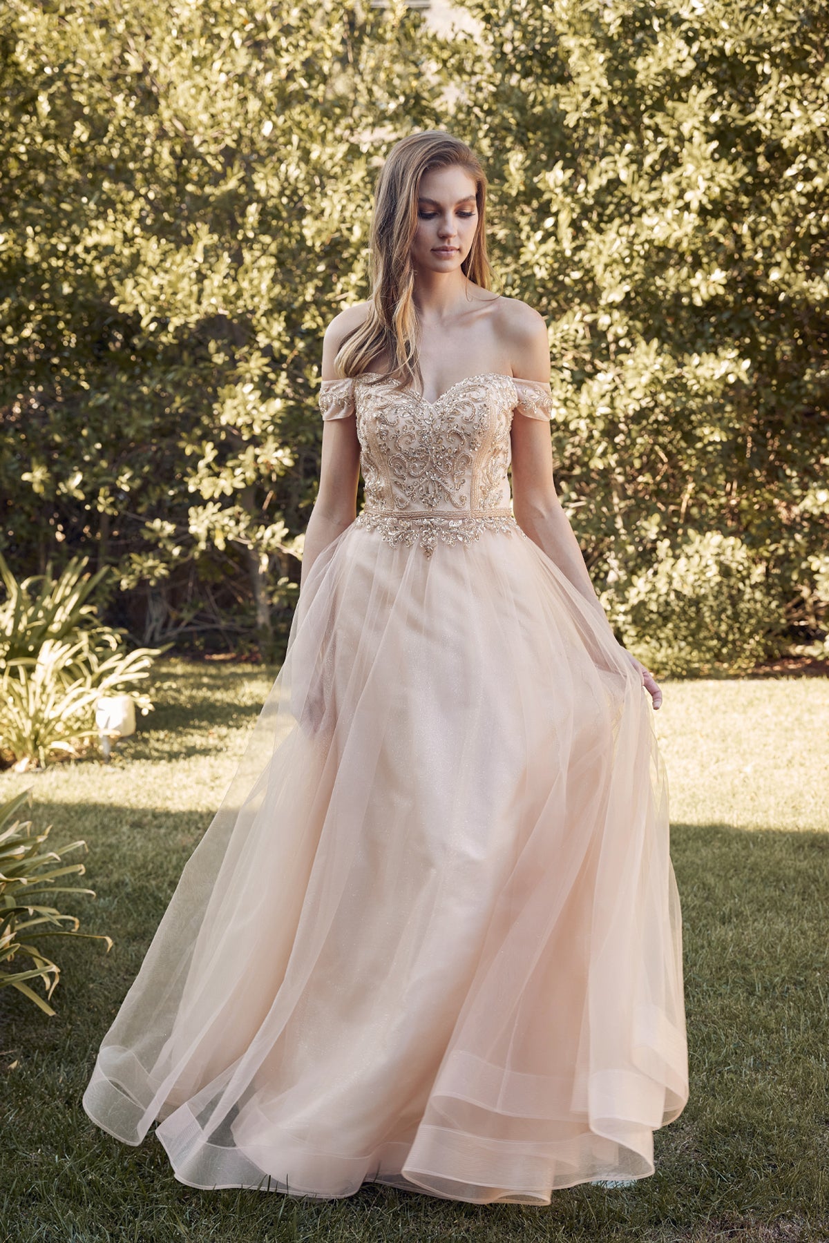 Off The Shoulder Beads Top Tulle Skirt Long Prom Dress JT287-Prom Dress-smcfashion.com