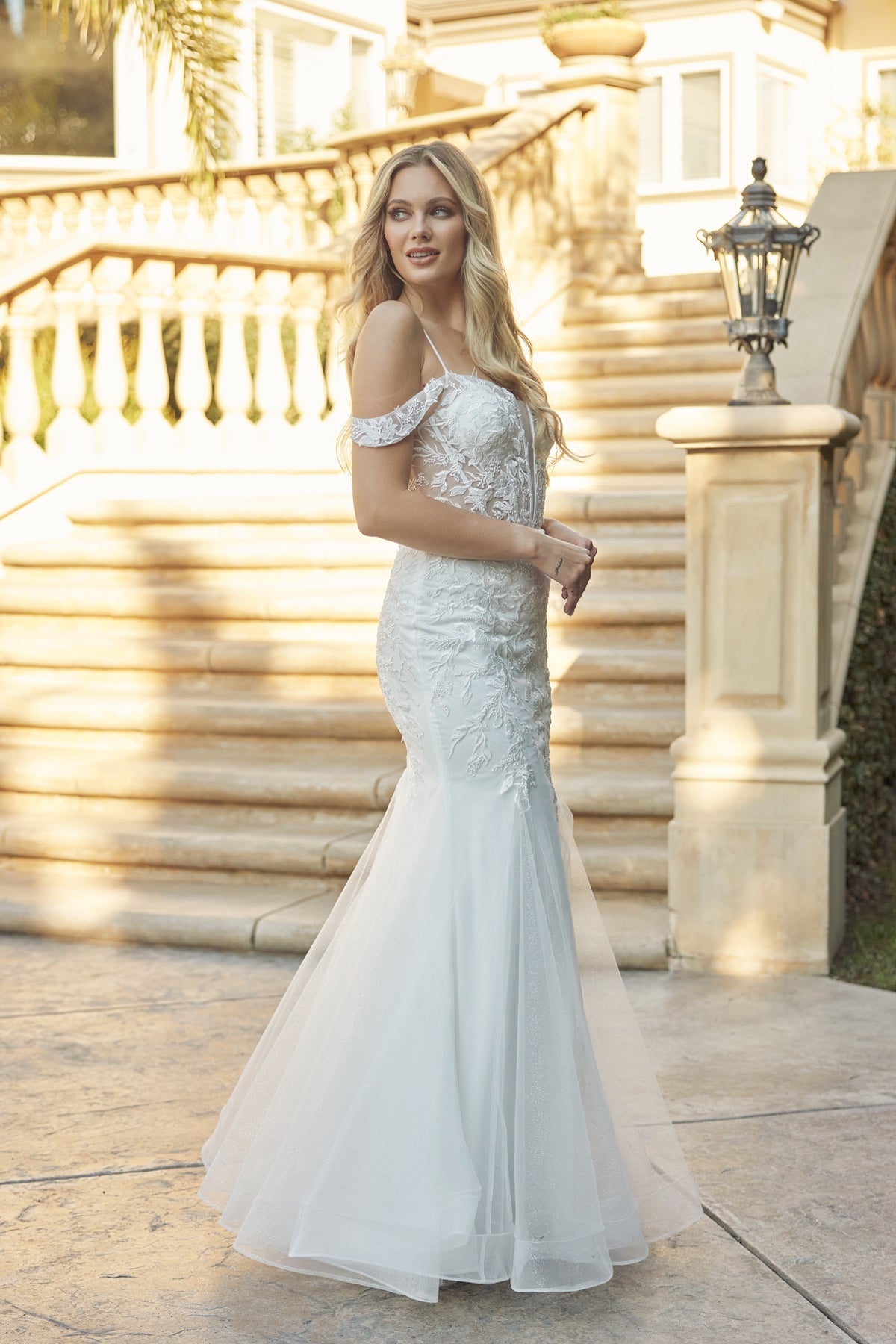 Leaf Lace Embroidered Fitted Plunging Deep V-Neck Long Wedding Dress JT290W-Wedding Dress-smcfashion.com