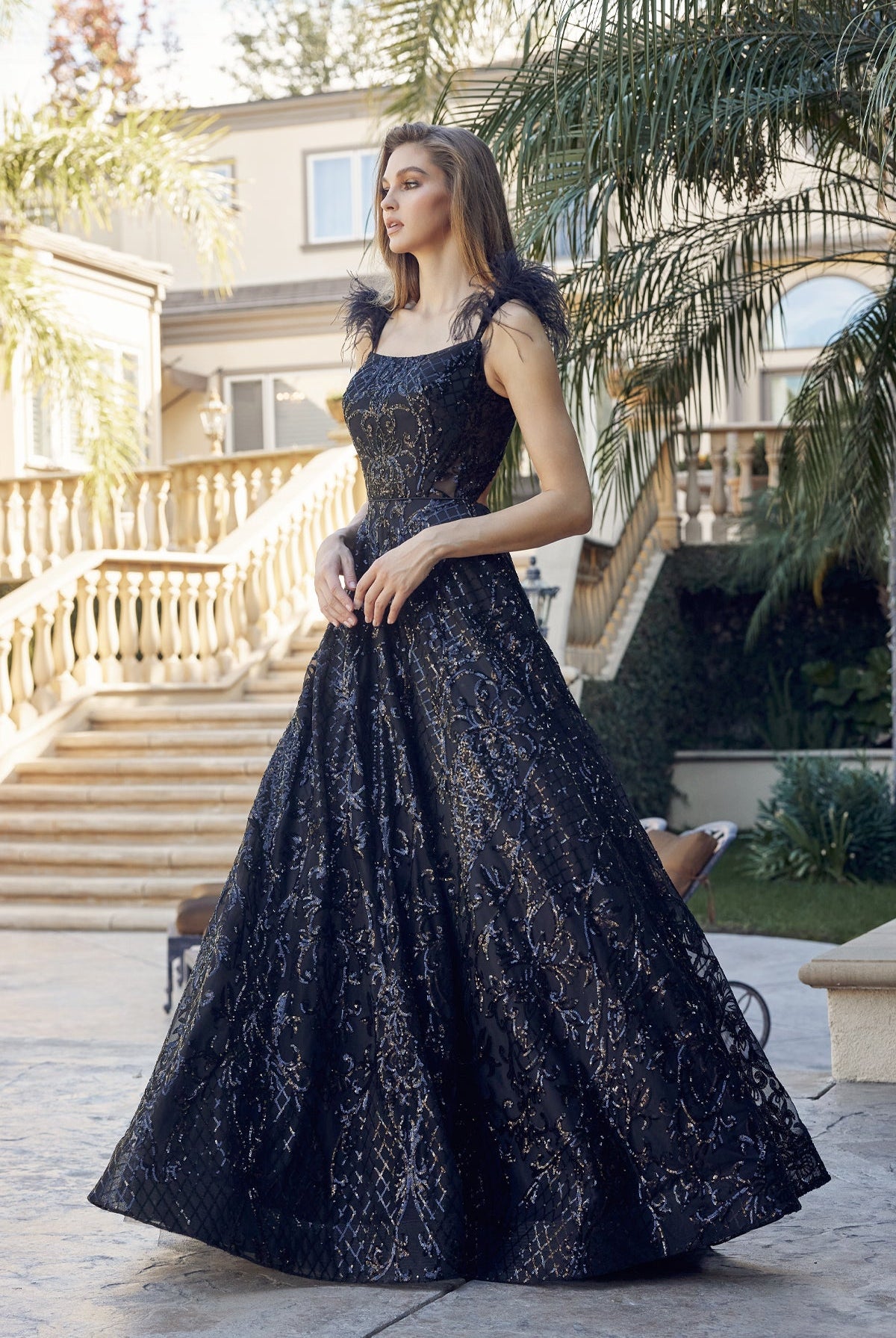 Feathered Cap Sleeve Patterned Sequin A-Line Long Prom Dress JT297-Prom Dress-smcfashion.com