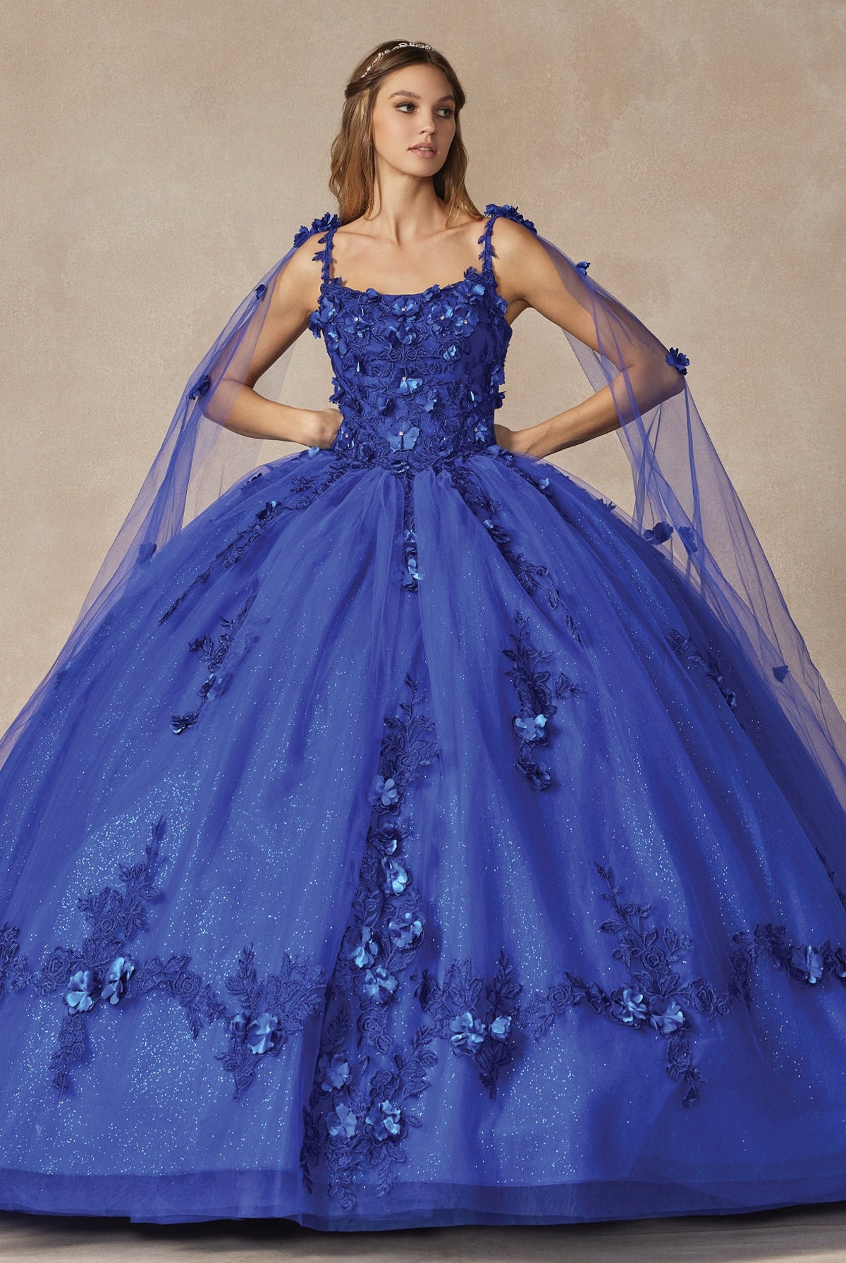 Long Tulle Cape With 3D Flowers Applique Long Quinceanera Dress JT1436-Quinceanera Dress-smcfashion.com