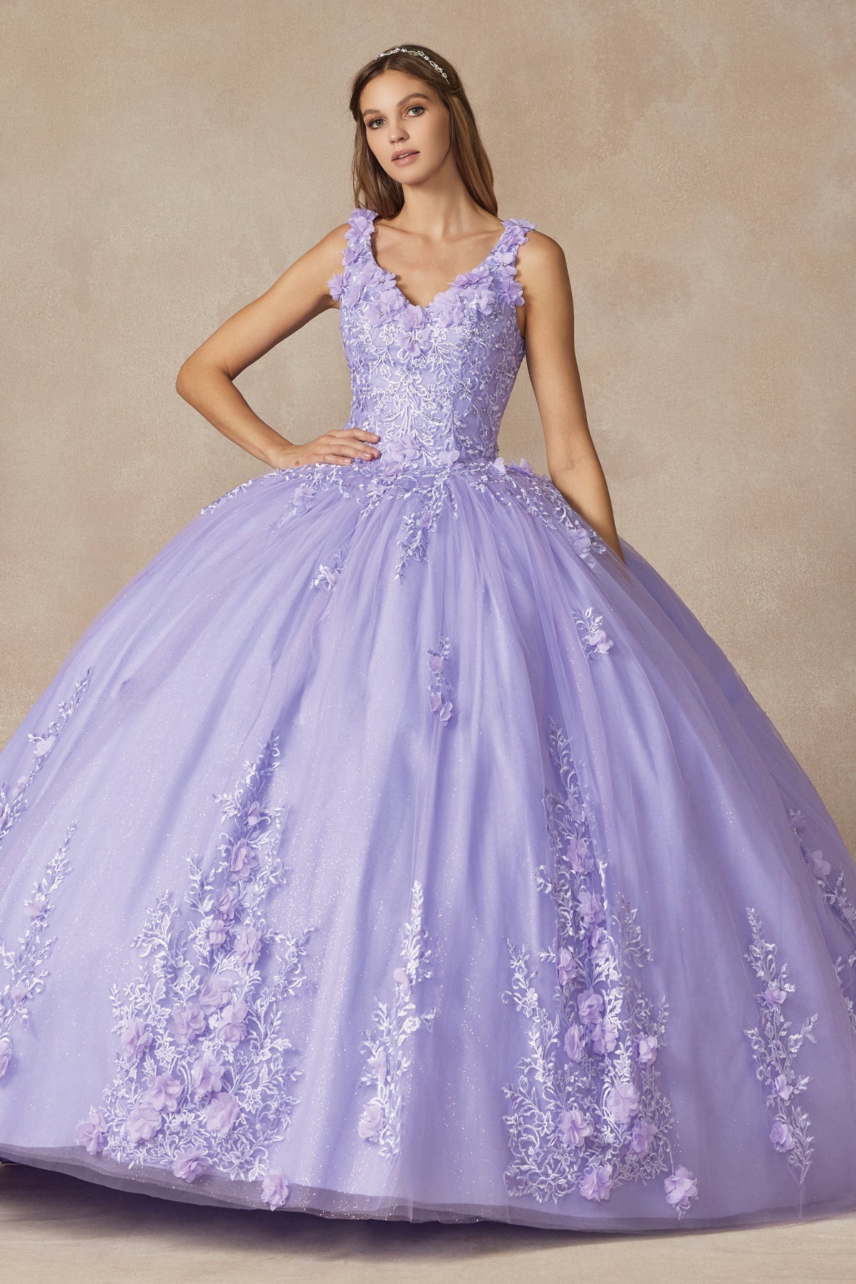 Floral Applique 3D Flowers Straps Long Quinceanera Dress JT1437-Quinceanera Dress-smcfashion.com
