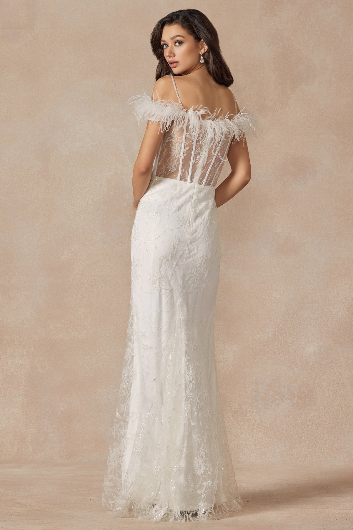 Glitter Leaf Sequin Feathered Sleeves Slit Long Wedding Dress JT2402W-Wedding Dress-smcfashion.com