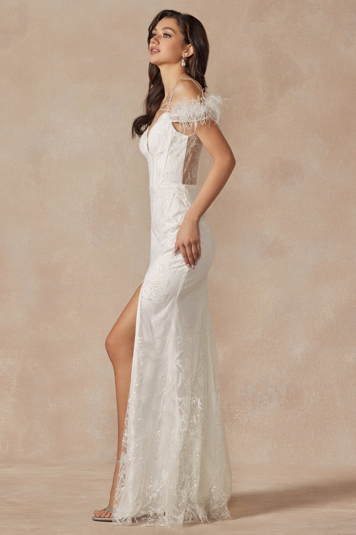 Glitter Leaf Sequin Feathered Sleeves Slit Long Prom Dress JT2402-Prom Dress-smcfashion.com