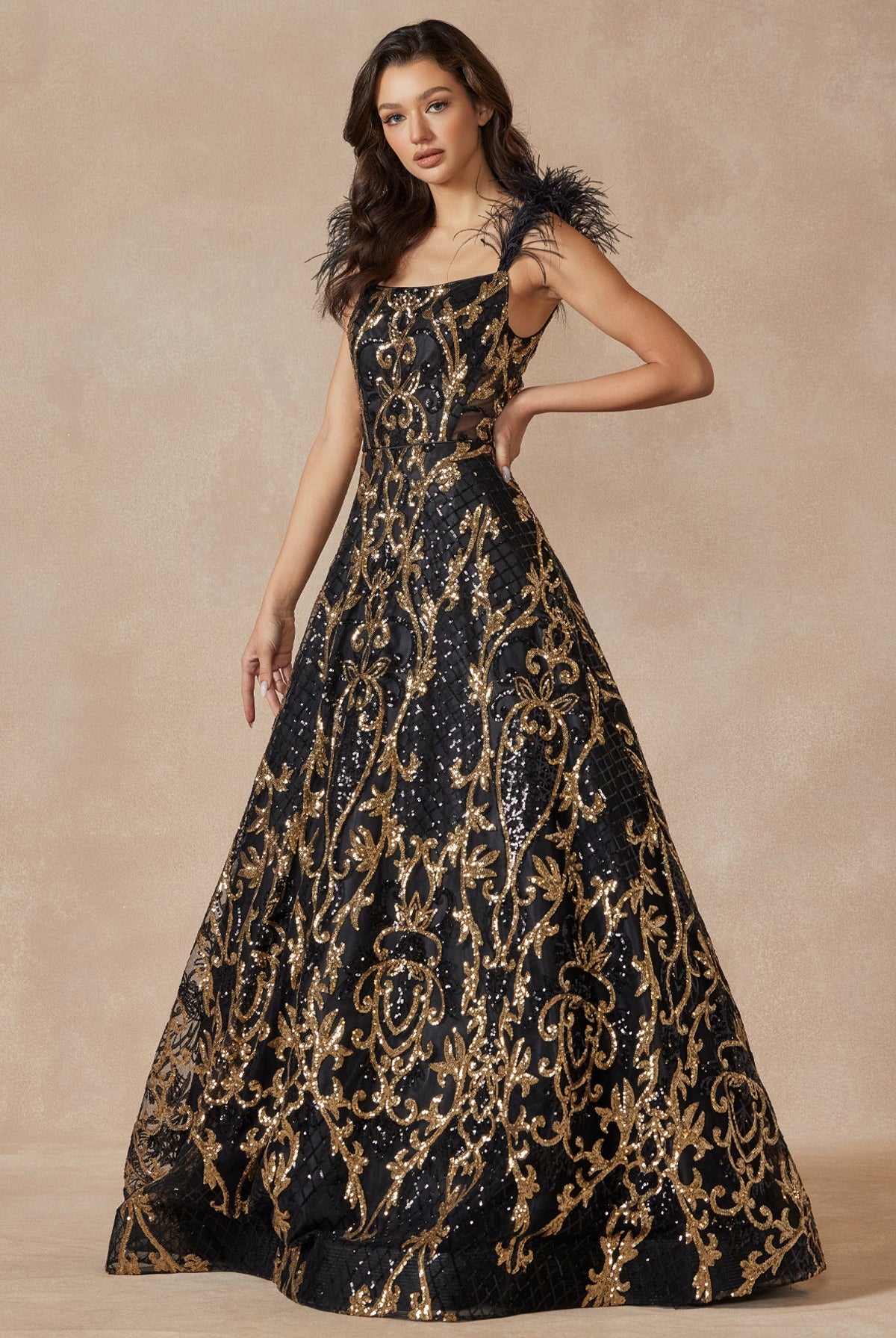 Feathered Cap Sleeve Patterned Sequin A-Line Long Prom Dress JT297-Prom Dress-smcfashion.com