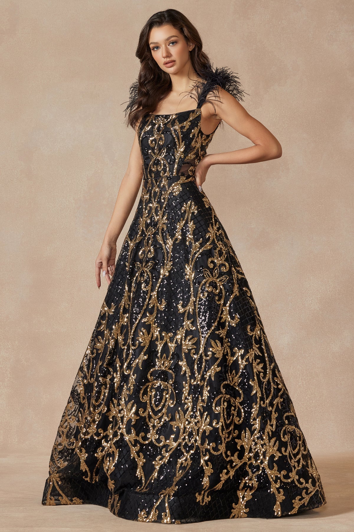 Feathered Cap Sleeve Patterned Sequin A-Line Long Prom Dress JT297-Prom Dress-smcfashion.com
